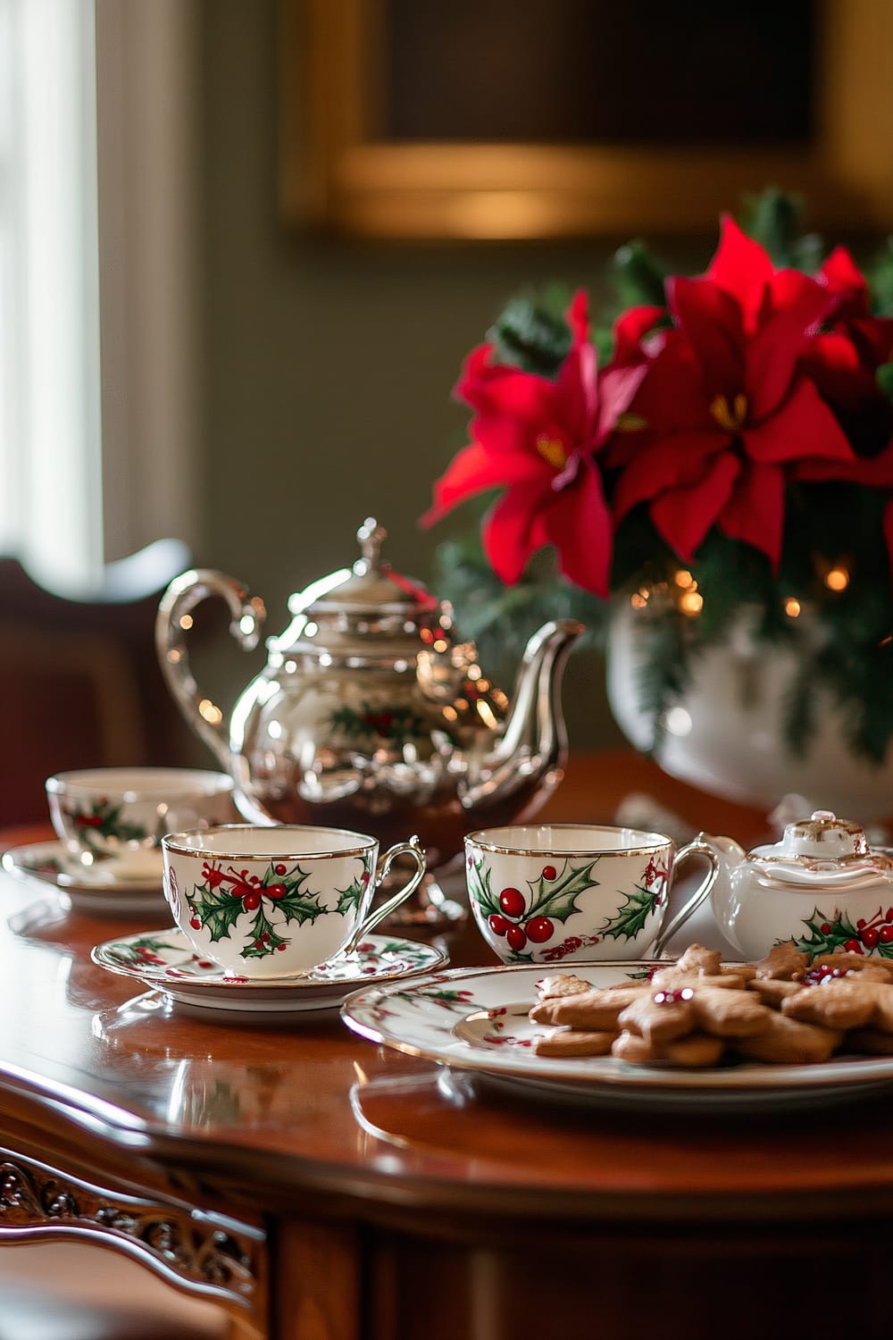 The image shows a festive tea setup on a wooden table, featuring a silver teapot with holly designs, matching holly-themed teacups, and plates with cookies. In the background, bright red poinsettia flowers in a white vase add a vibrant touch to the setting.