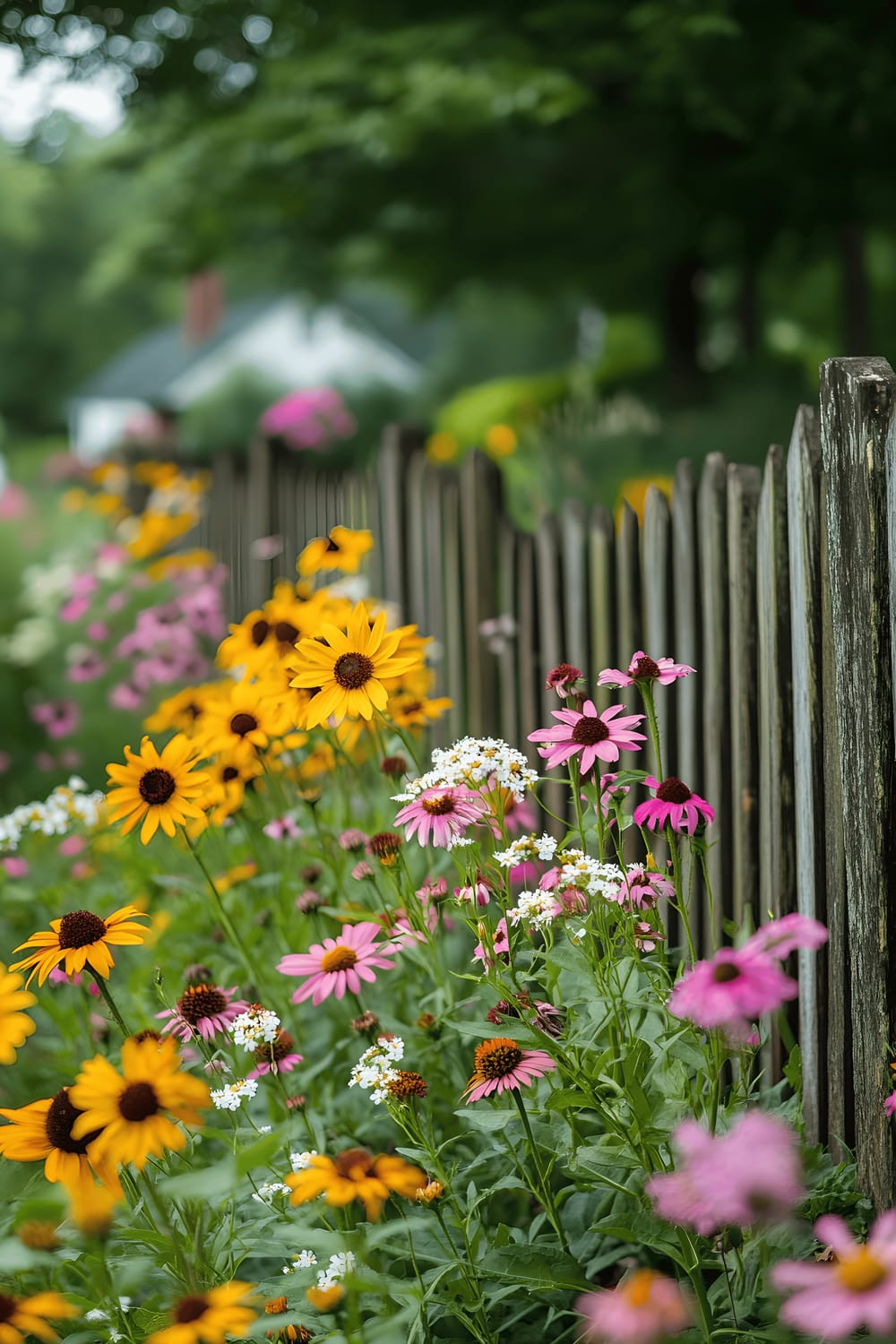 A vibrant backyard view with assorted wildflowers like yellow sunflowers, pink coneflowers, and white Queen Anne’s lace, all growing happily against a weathered wooden fence.