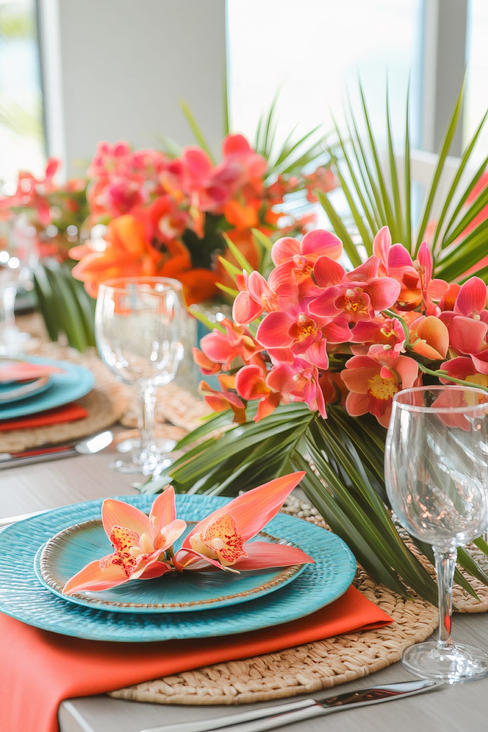 An elegant Thanksgiving table setting featuring vibrant coral and turquoise colors. The table is adorned with bamboo placemats, turquoise ceramic plates with coral napkins, and exotic orchid flowers atop each plate. Palm leaf centerpieces with bright pink and orange orchids run down the center of the table. Crystal glassware and stainless-steel cutlery enhance the sophisticated look. Natural light filters through the windows, creating a lively and festive atmosphere.