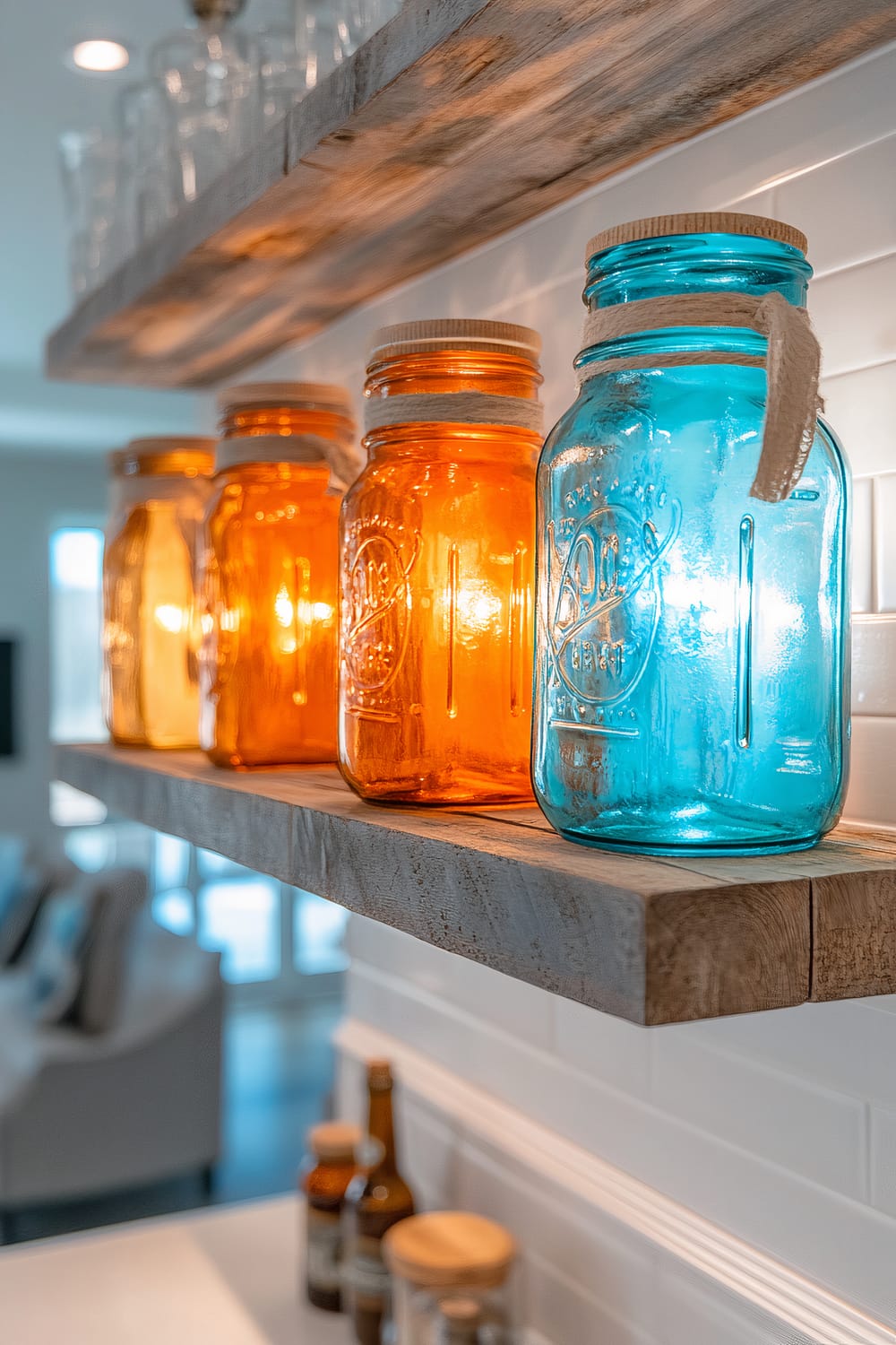 A close-up view of a reclaimed wooden shelf with mason jars painted in vibrant shades of orange and blue, mounted on a white kitchen wall. The jars are illuminated by warm, theatrical lighting. The background features a bright, uncluttered kitchen.