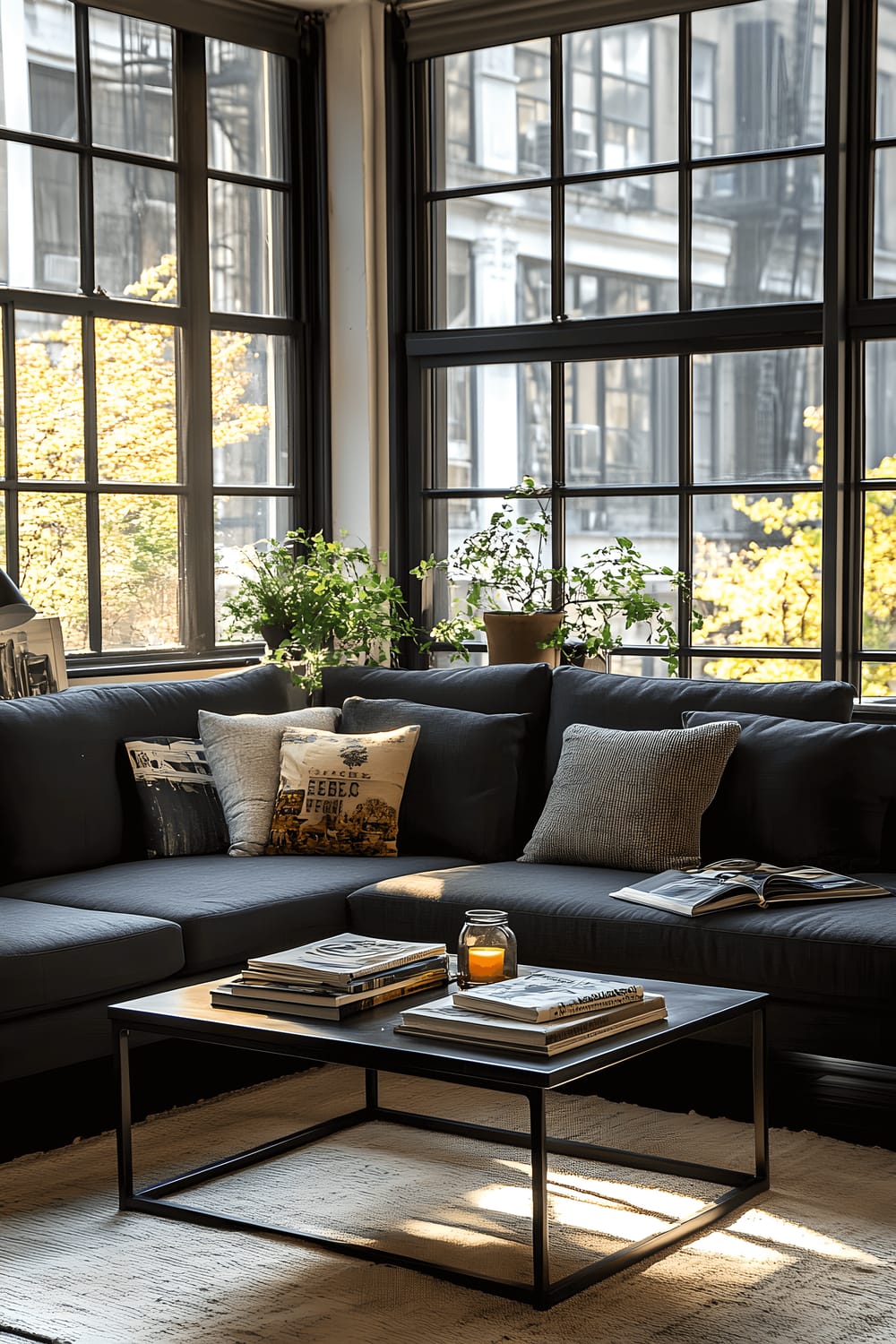 A small urban living room, inspired by New York lofts, featuring a compact dark gray sectional sofa with exposed wooden legs. A black metal and glass coffee table rests in the center of the room with a stack of fashion magazines and a minimalist candle on top. Through large factory-style windows, an abundance of natural light filters in, supplemented by a modern floor lamp and recessed ceiling lights. The room follows a color scheme of industrial blacks and grays, brightened with accents of vibrant yellow.