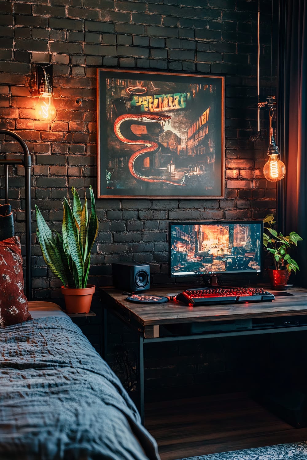 A retro industrial gamers room featuring a metal bed frame and a vintage-style gaming desk. The desk holds two potted snake plants, a monitor, a keyboard with red backlighting, and a speaker. The dark brick walls are adorned with a large retro gaming poster depicting a snake and cityscape. Overhead, Edison bulb lighting with integrated red LED strips provides illumination.