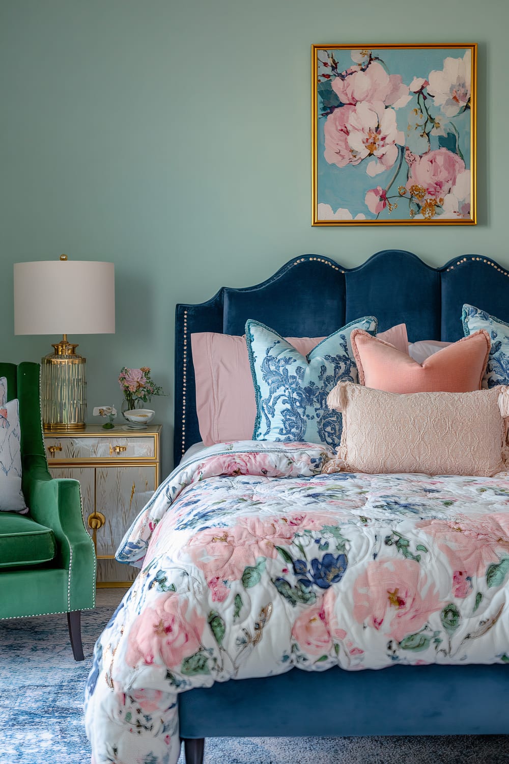 A chic bedroom featuring a turquoise wall adorned with a floral painting in a golden frame. The focal point is a plush blue velvet bedhead complemented by an array of pillows in pastel tones and intricate patterns. A floral duvet adds a gentle, lively touch. Adjacent to the bed, a green upholstered chair with silver stud accents stands next to a gold-lamped nightstand with carved white drawers and elegant gold handles. A soft, patterned rug underlies the composition, anchoring the room's aesthetic.