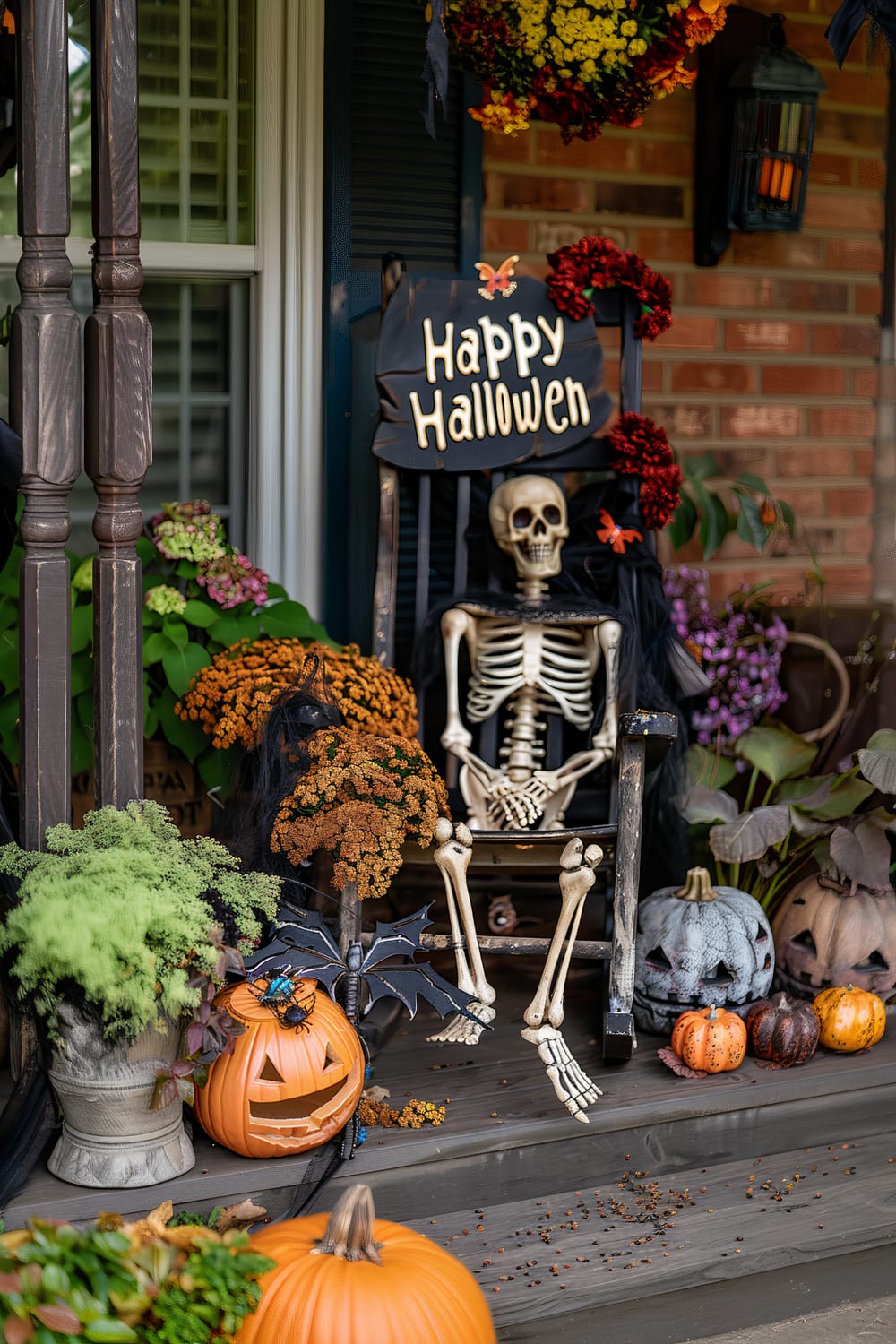 Front porch decorated for Halloween with a skeleton sitting on a wooden chair that has a "Happy Halloween" sign. The porch is adorned with various pumpkins, including carved jack-o'-lanterns, and autumnal plants. A hanging lantern, colorful wreaths, and a bat decoration add to the spooky ambiance.