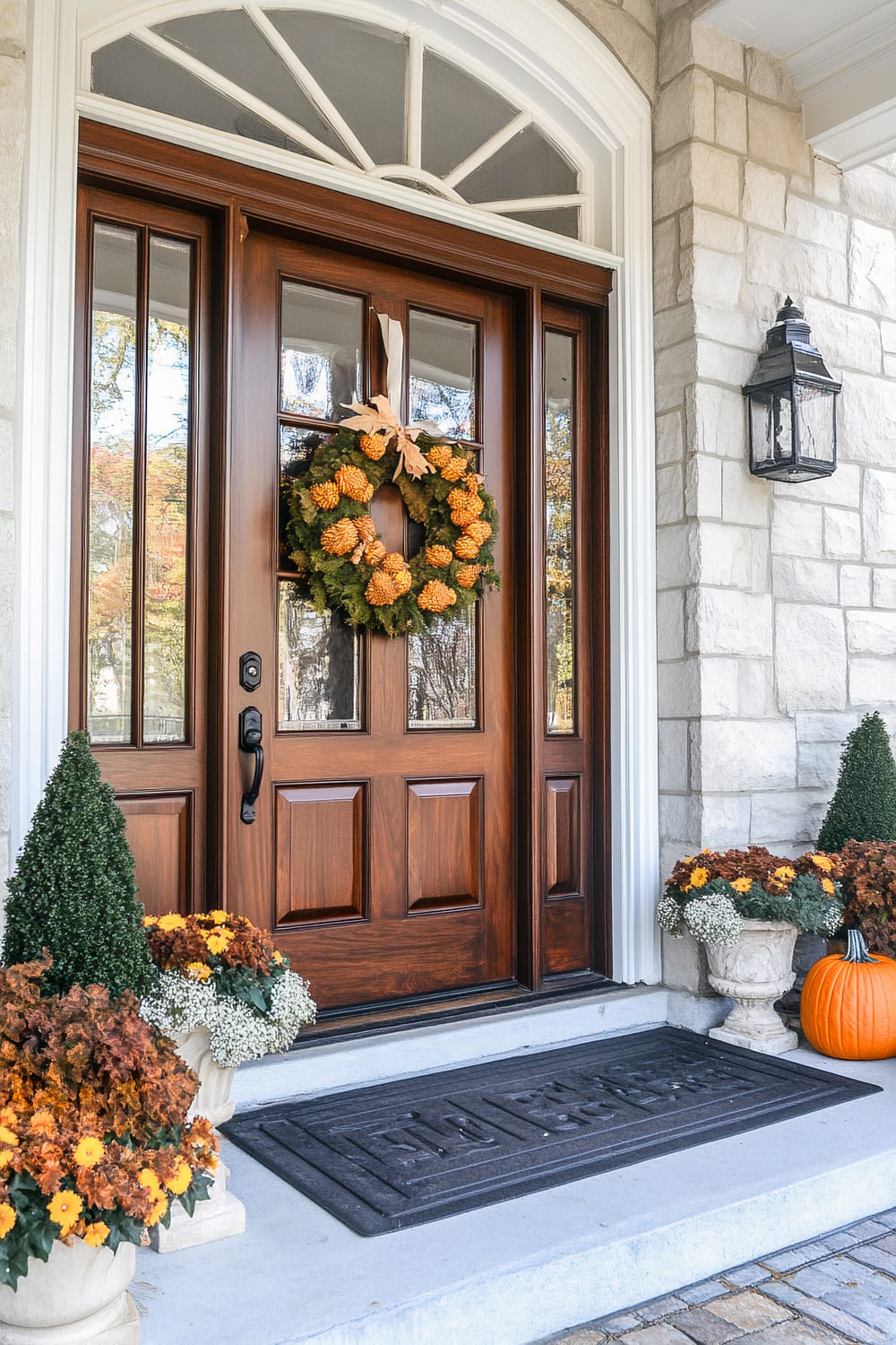 The image portrays an inviting front door decorated for autumn. The door is made of rich, dark wood with glass panels, framed by white trim. A vibrant wreath with orange decorations and a beige bow hangs on the door. Potted plants, including chrysanthemums and ornamental cabbages, sit on both sides of the entrance. A pumpkin is placed to the right of the door, contributing to the seasonal theme. A rectangular black welcome mat lies in front of the door, and a large lantern light fixture is mounted on the stone exterior wall to the right.