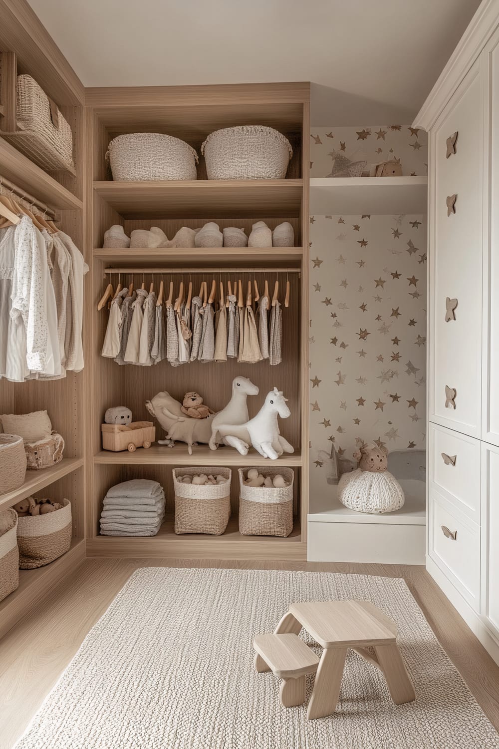 A well-organized child's closet with soft wood tones, white cabinetry, and neutral fabric bins. Clothes hang on low and mid-height rods, plush toys reside on open shelves, and a soft gray and white rug covers the floor. The back wall is lined with subtle star-patterned wallpaper, illuminated by soft lighting. A small step stool is placed on the rug.