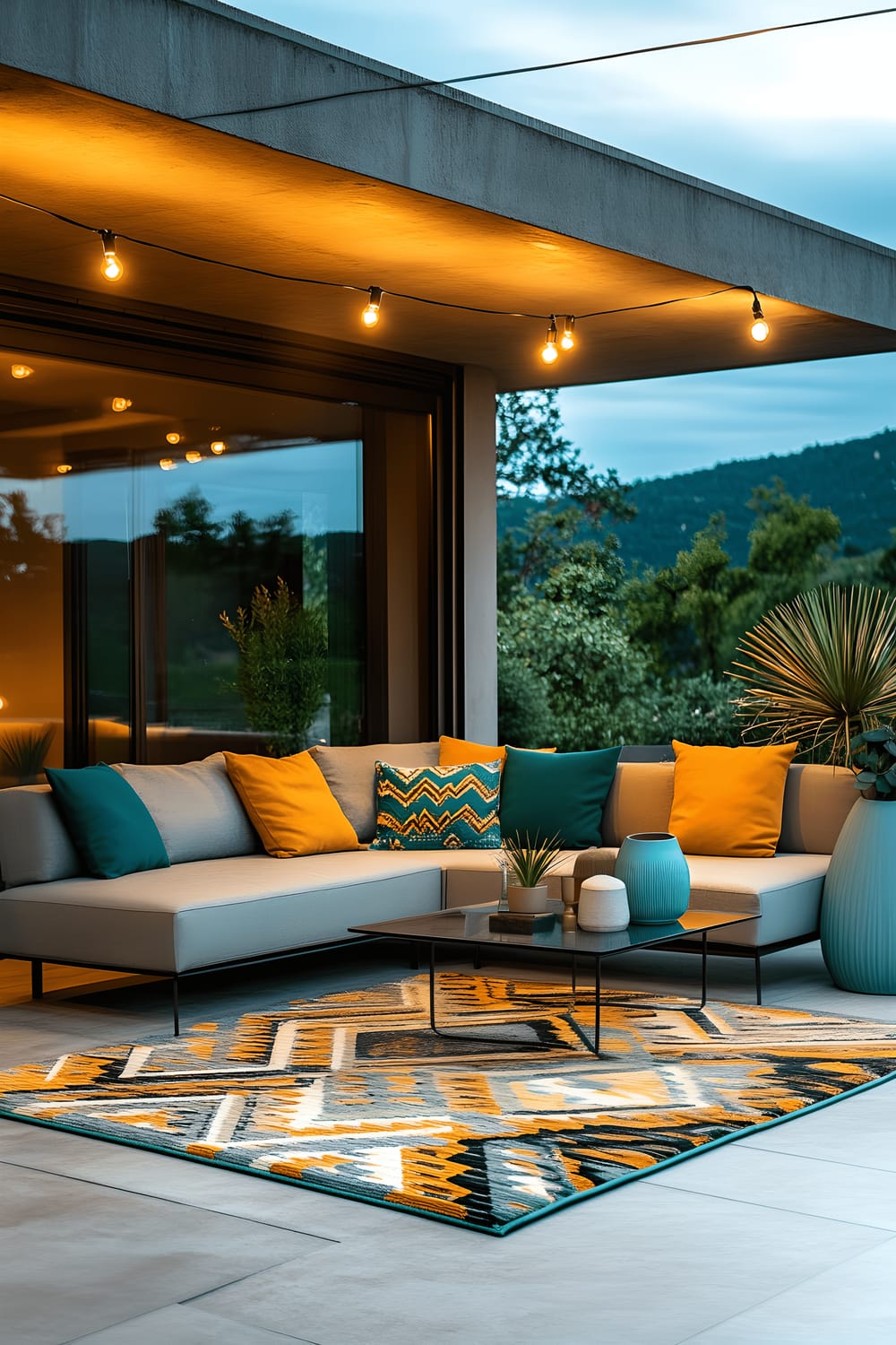 A stylish modern patio set in the evening featuring bright rectangular concrete deck adorned with a bold geometric outdoor rug, a minimalist gray sectional sofa is decked up with vibrant teal and mustard cushions. A sleek glass coffee table with a modern ceramic vase takes center stage. Potted plants in matte black planters and atmospheric string lights overhead add to the allure of the space.