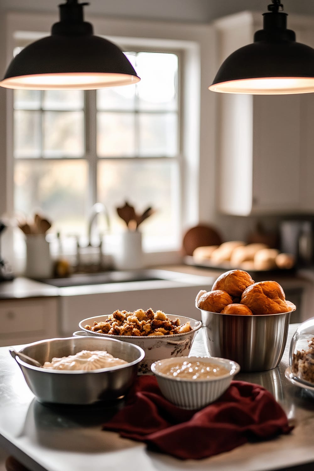 A modern kitchen scene with a stainless steel island featuring three ceramic mixing bowls filled with ingredients for stuffing, pie dough, and gravy. Vintage wooden spoons and a metallic utensil holder are also present. A deep red apron is draped on a nearby chair. Overhead pendant lights illuminate the area, highlighting the autumn tones and white cabinets in the background.