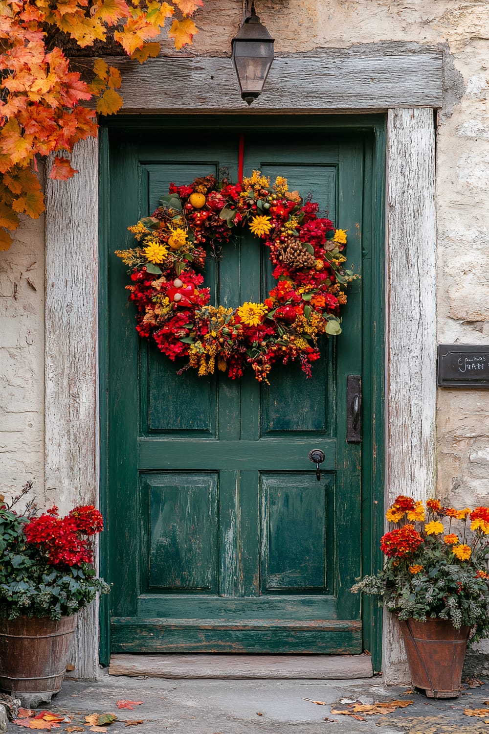 A rustic green door with a vibrant autumnal wreath composed of red, yellow, and orange flowers and foliage hanging on it. The door frame is weathered and whitewashed. Flanking the door are pots with red and yellow mums. Above the door, there is a black metal lantern. To the left, orange autumn leaves are visible, creating a warm and inviting feel.