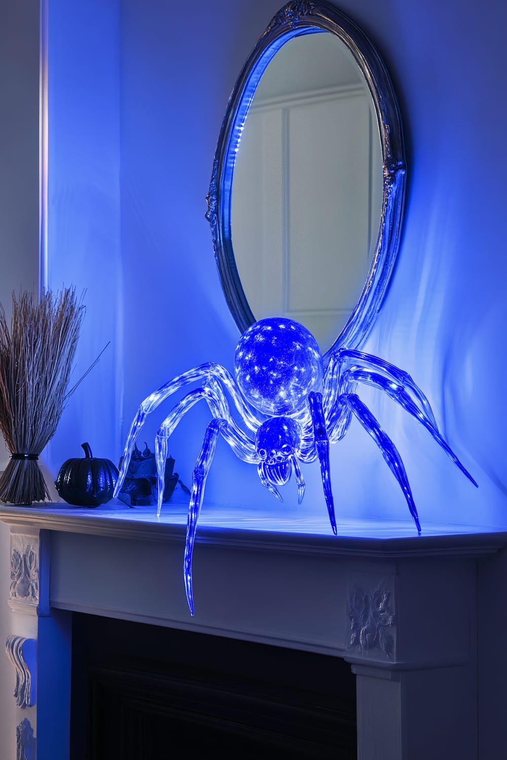 A large, ornate silver spider sculpture illuminated with deep blue LED lights is placed on a minimalist white mantelpiece. Above it hangs a reflective mirror. To the left of the spider, a traditional witch’s broom and a small black pumpkin are visible. The scene is lit with soft, eerie ambient lighting, creating a spooky atmosphere.