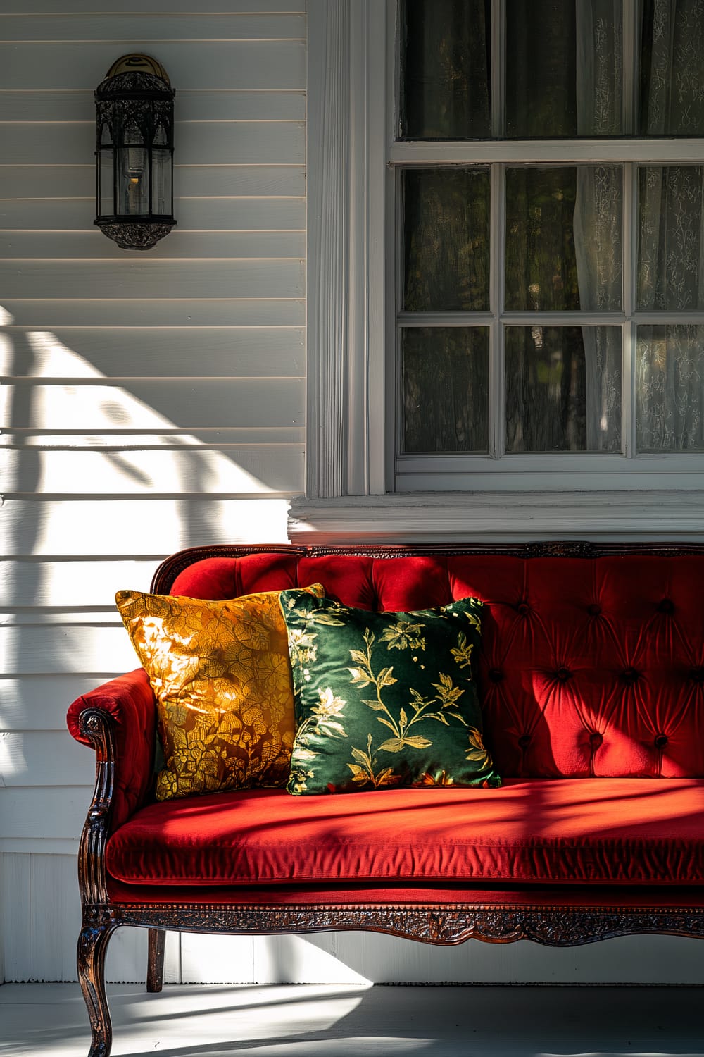 A single vibrant red velvet sofa adorned with bold green and gold Christmas cushions on a clean white porch. The scene is illuminated by a dramatic spotlight casting deep shadows, emphasizing the rich textures of the sofa and cushions. A lantern-style light fixture is mounted on the wall beside a window with lace curtains, adding to the charm of the setting.