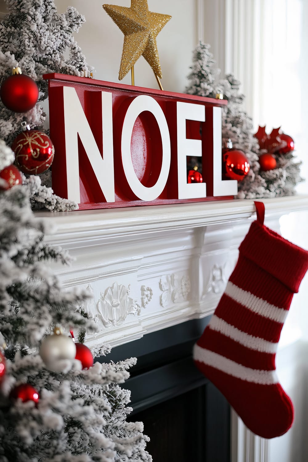 A festive mantel display featuring a bold red 'NOEL' sign with white lettering. The mantel is adorned with frosted pine branches decorated with red and white ornaments. A small white Christmas tree with red ornaments stands next to the sign, topped with a glittering gold star. A red and white striped stocking hangs from the side of the mantel. The overall scene is bright and full of holiday cheer, with white walls providing a clean background.