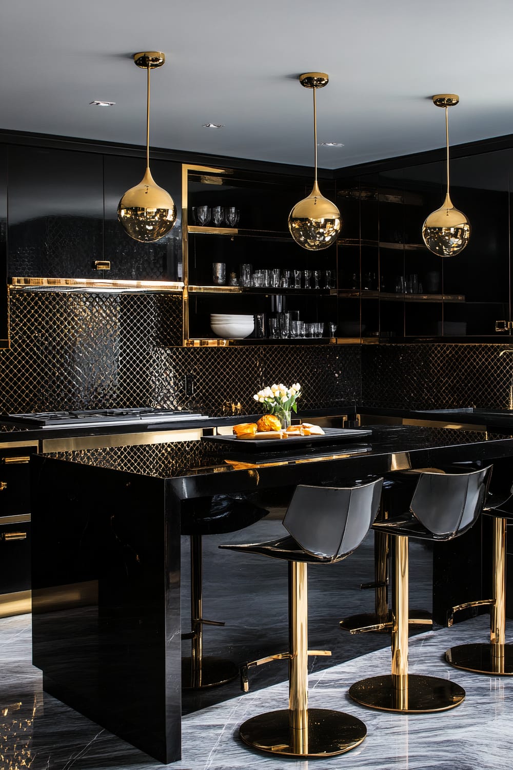 An opulent kitchen with a predominantly black and gold color scheme. Three spherical gold pendant lights hang from the ceiling over a sleek black island, which features gold accents. Three modern bar stools with black seats and gold bases are arrayed along the island. The backsplash and cabinetry are also black, adorned with intricate gold detailing, and shelves stocked with glassware add to the luxurious atmosphere. A tray with pastries and a vase of white tulips sit atop the island.