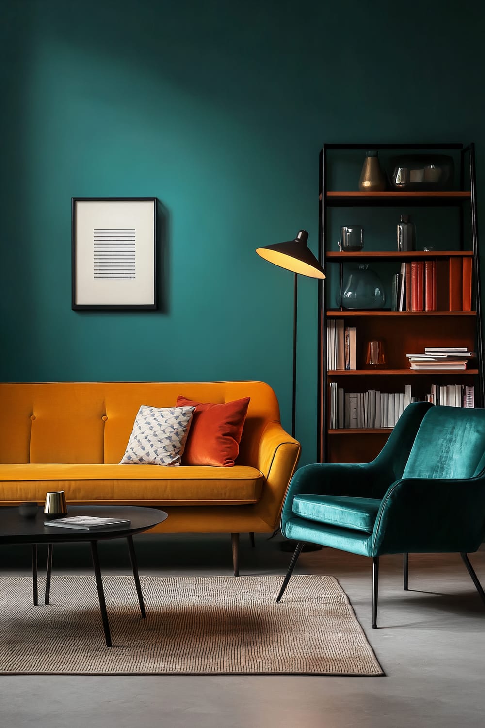 A stylish living room features a mid-century modern teak sofa in mustard yellow with several throw pillows, paired with a sleek black coffee table. There is also a vintage velvet armchair in teal. A retro floor lamp with a geometric shade stands next to a minimalist bookshelf that has various decorative items and books. The walls are painted in a rich teal color, and the lighting creates a warm and inviting atmosphere.