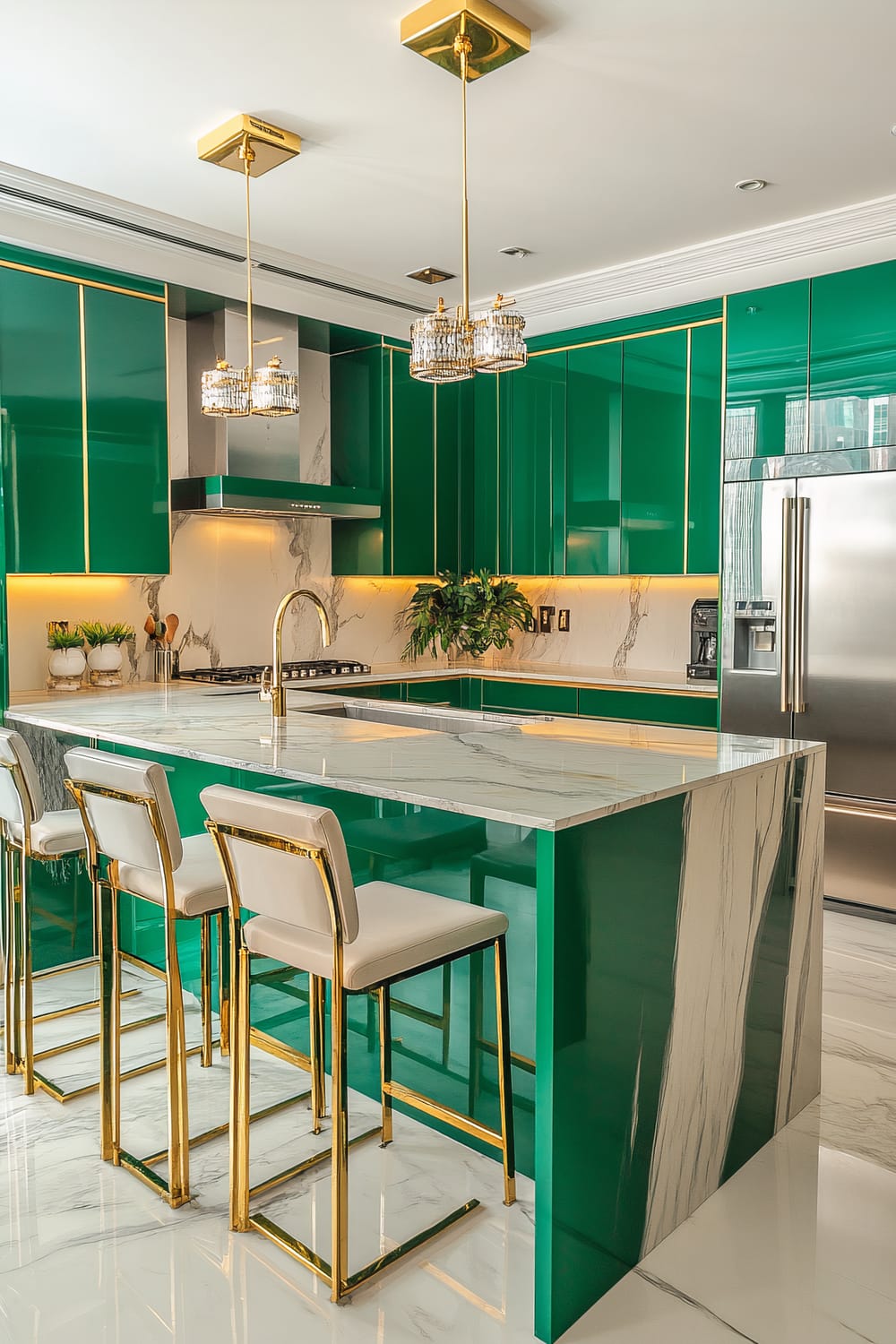 A luxurious modern kitchen showcases a harmonious blend of vibrant jade-green cabinetry with sleek, seamless surfaces accented by gold-hued hardware and trim. Marble countertops with subtle grey veining complement the glossy green cabinets, while integrated lighting adds a warm glow beneath. The kitchen island, topped with matching marble, features chic bar stools with gold legs and white cushions. Above the island, two elegant pendant lights with crystal embellishments hang from gold ceiling fixtures, adding an opulent touch. Stainless steel appliances, including a double-door refrigerator, complete this stylish kitchen.