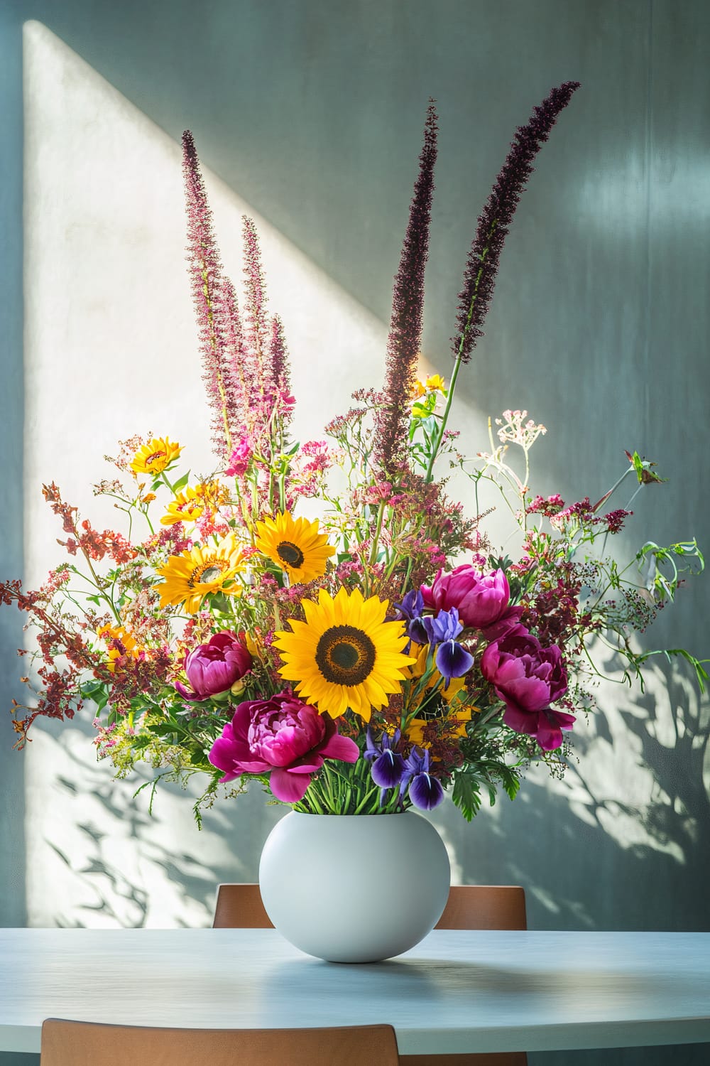 A colorful floral arrangement sits in a minimalist round white vase on a light-colored table. The arrangement features sunflowers, purple irises, fuchsia peonies, and various other greenery and blooms. Soft sunlight filters through creating shadows on a plain gray wall in the background.