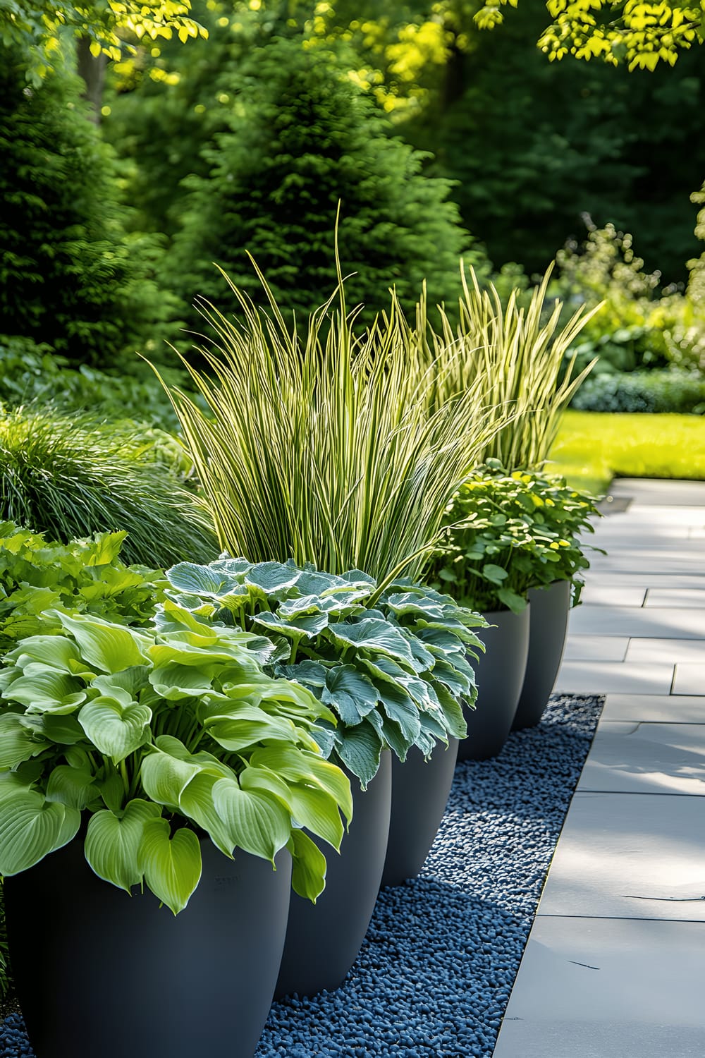 A modern shade garden featuring a variety of ferns, hostas and ornamental grasses offering a layered botanical display. The garden includes sleek stone pathways and is decorated with minimalist metal planters. Dappled sunlight falls across the scene, creating soft shadows and highlights.