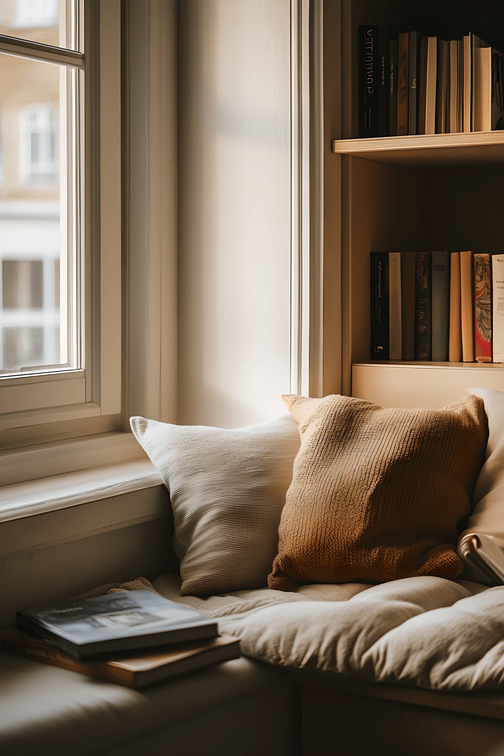 The image showcases a warmly lit living room viewed from an in-built window seat. The bench is furnished with plush cushions and has a stack of books along with a ceramic mug on a small wooden side table. The apartment's open floor plan allows a glimpse into the living area featuring a modern, minimalist decor. Natural light filtering through the window enhances the serene and inviting atmosphere created by the blend of warm hues.