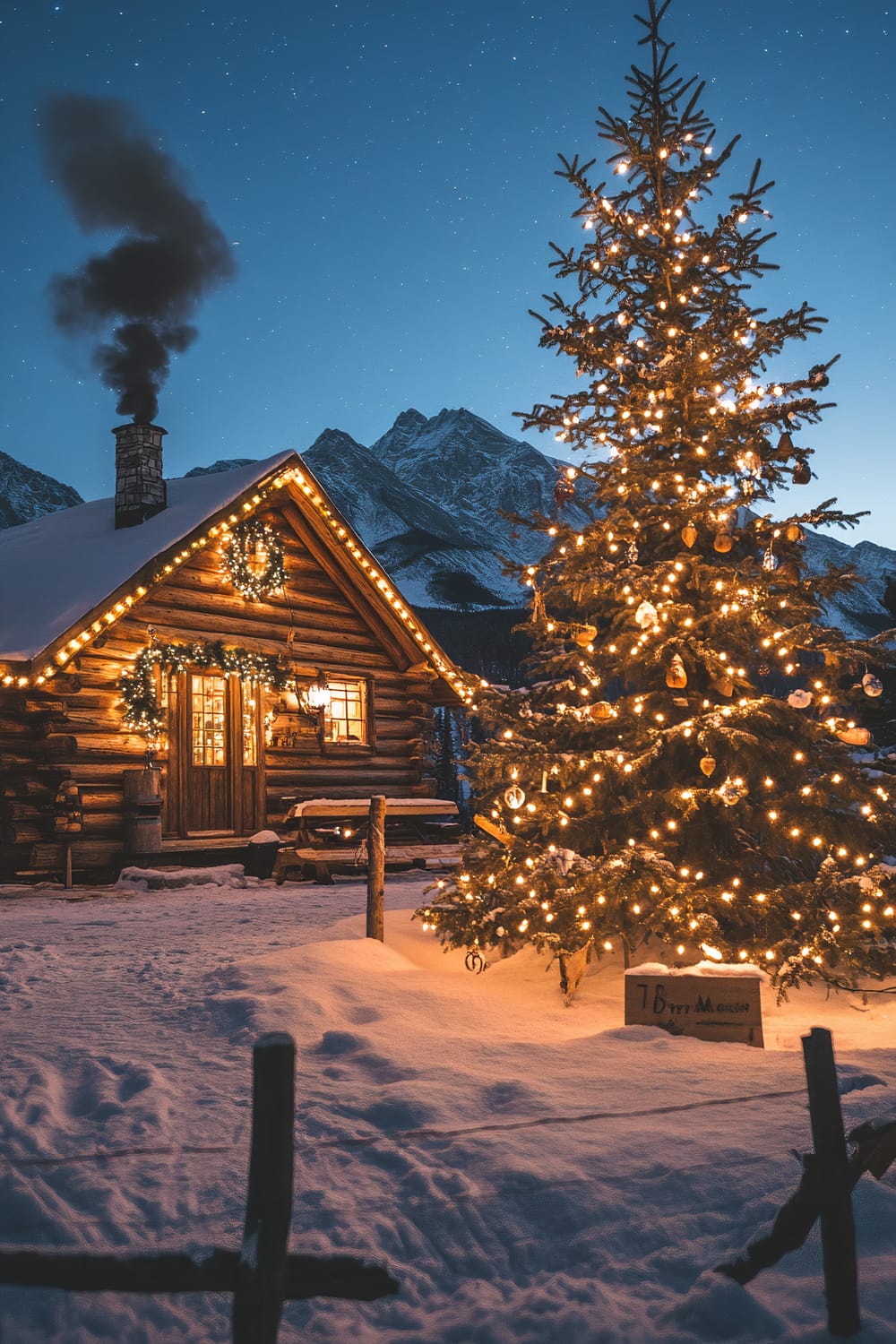 A rustic log cabin is beautifully illuminated by warm golden lights against a backdrop of snowy mountains under a clear night sky. The cabin has a snow-covered roof, from which a chimney emits a plume of smoke. A large Christmas tree adorned with glowing string lights and ornaments stands majestically in the foreground, partially surrounded by a simple wooden fence. The cabin's entrance is decorated with a festive wreath and garland, creating a welcoming holiday ambiance.