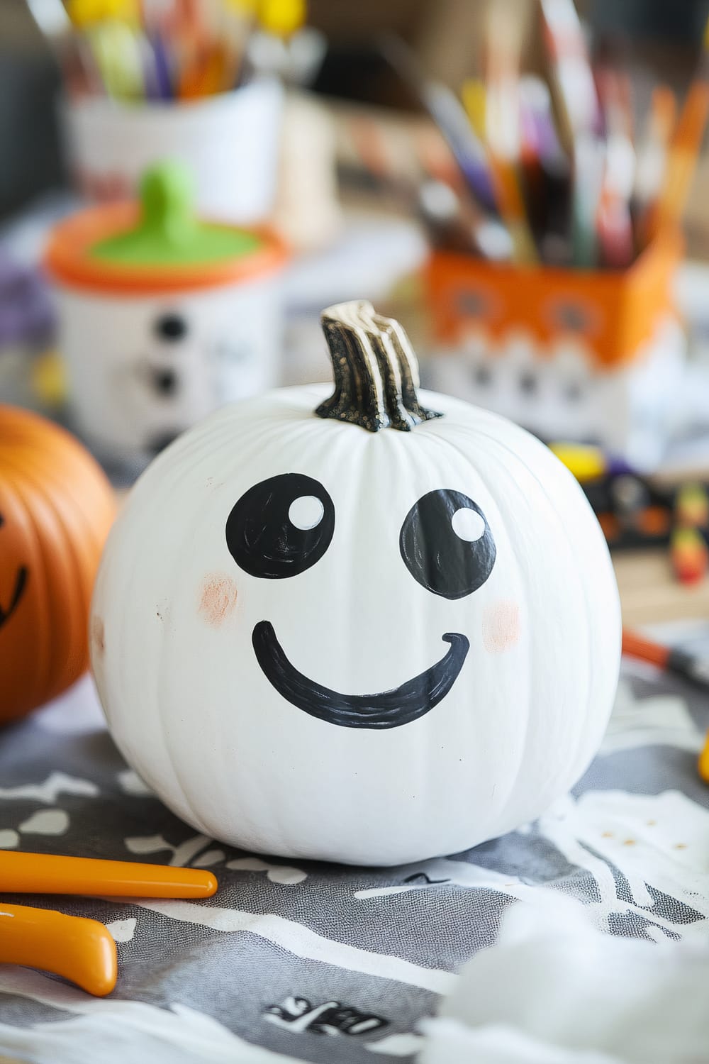 A white pumpkin painted with a happy face with large black eyes, rosy cheeks, and a wide smile. It is set on a table with a gray and white tablecloth, and surrounding it are art supplies such as paint brushes and containers painted with Halloween themes.