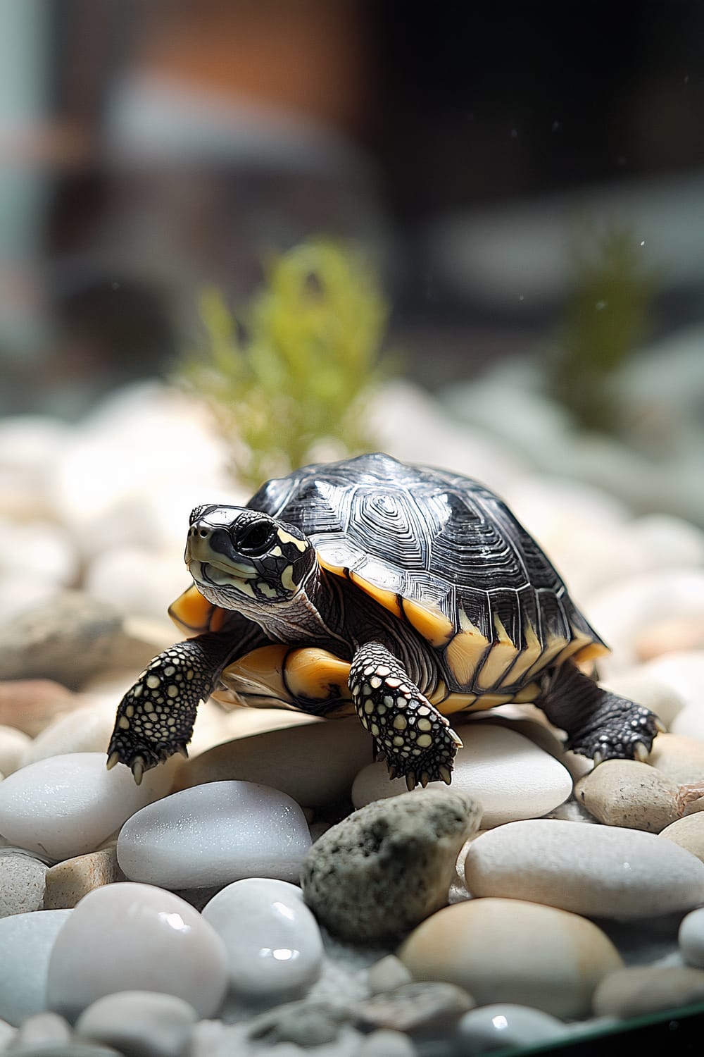 A small turtle is positioned on smooth, white pebbles. The turtle has a black and yellow-patterned shell and is making its way towards the camera. In the background, there are blurred green aquatic plants, suggesting the setting is an aquarium or terrarium.