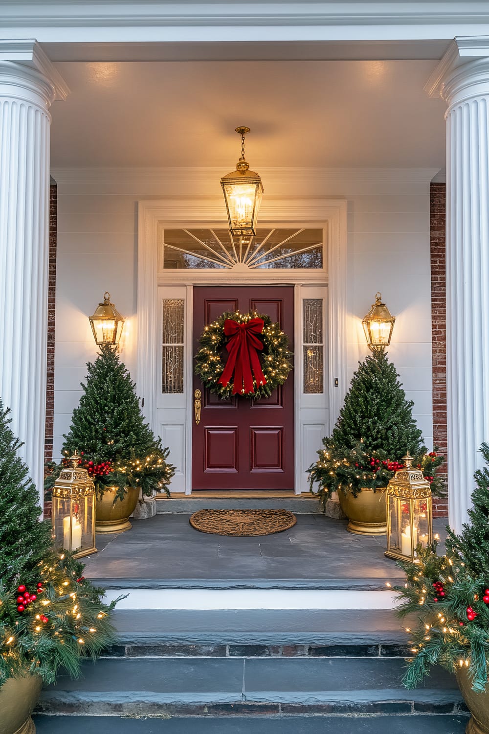 An elegant colonial revival-style front porch decorated for Christmas. The red front door features a grand wreath made of evergreen branches, red berries, and gilded pinecones, tied with a red velvet bow. Two large, potted evergreen trees wrapped in twinkling lights and gold ribbon stand on either side of the door. The porch columns are wrapped with garlands accented with gold ornaments, and lanterns with candles sit on the steps, adding a warm glow.