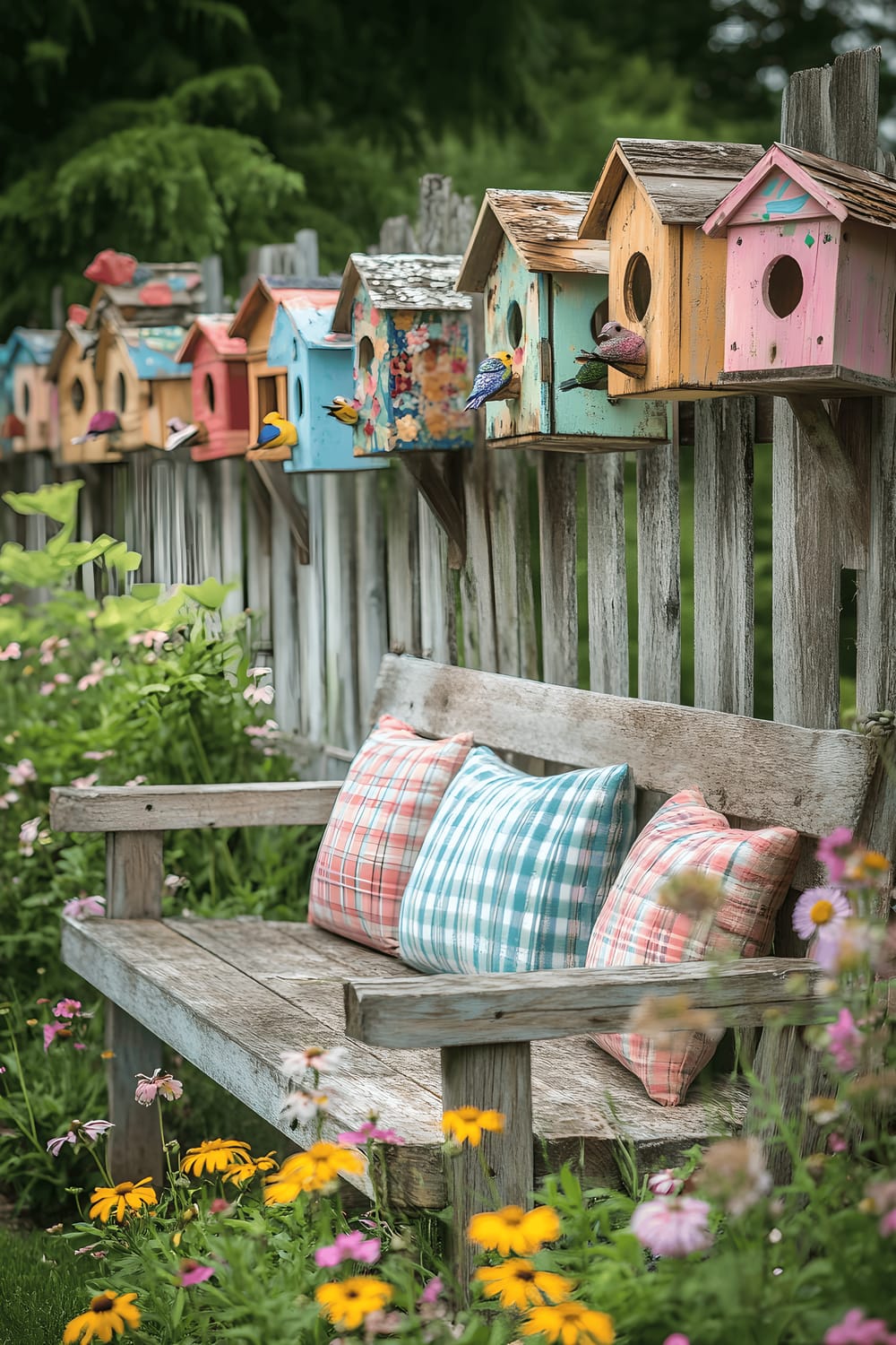 A charming scene in a backyard featuring numerous handcrafted birdhouses in pastel hues, dangling from a weathered wooden fence. Below, a rustic wooden bench adorned with checkered cushions is surrounded by a burst of wildflowers in bloom. The vibrant colors of the scene shine in the bright daylight.