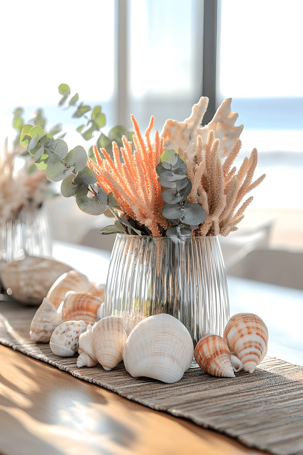 A dining room scene featuring a chic centerpiece on a light wooden table. The centerpiece comprises of vibrant corals and seashells in a clear glass vase, along with small Australian native plants such as eucalyptus in ceramic containers. Bright natural light illuminates the room, enhancing the colors of the corals and seashells, making them contrast vividly against the wooden table. Surrounding the table are sandy-toned furnishings and a large window overlooking the ocean which enriches the coastal vibe.