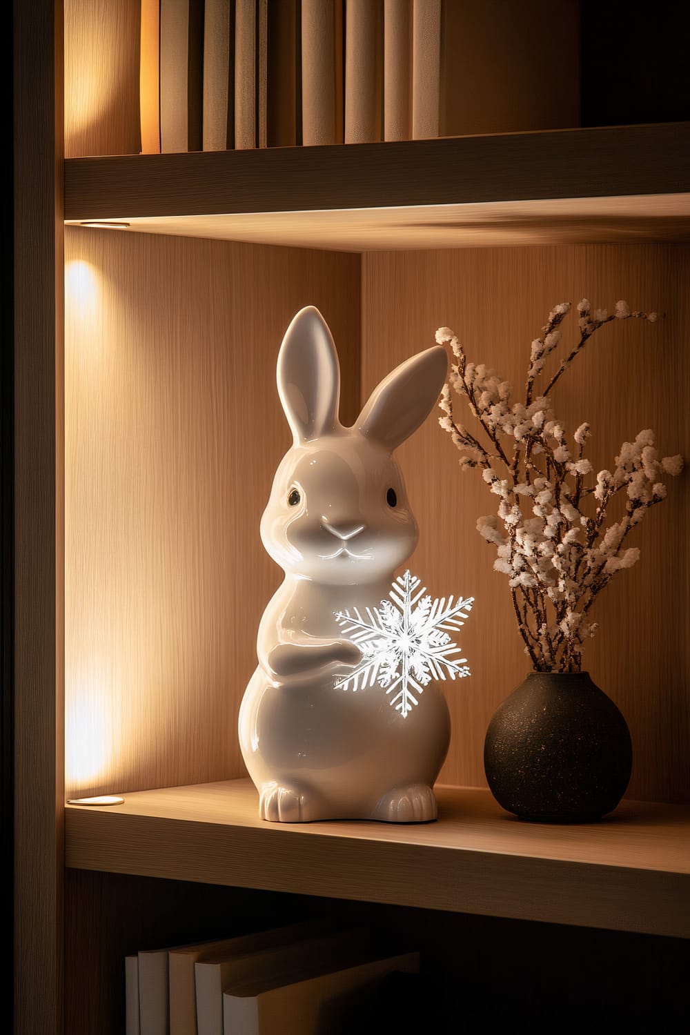 A whimsical white ceramic bunny is delicately holding a glowing snowflake ornament, prominently displayed on a Scandinavian wooden shelf. The bunny is situated next to a black vase containing frosted branches, and the shelf is softly lit by ambient lighting. Above the shelf are a row of books.