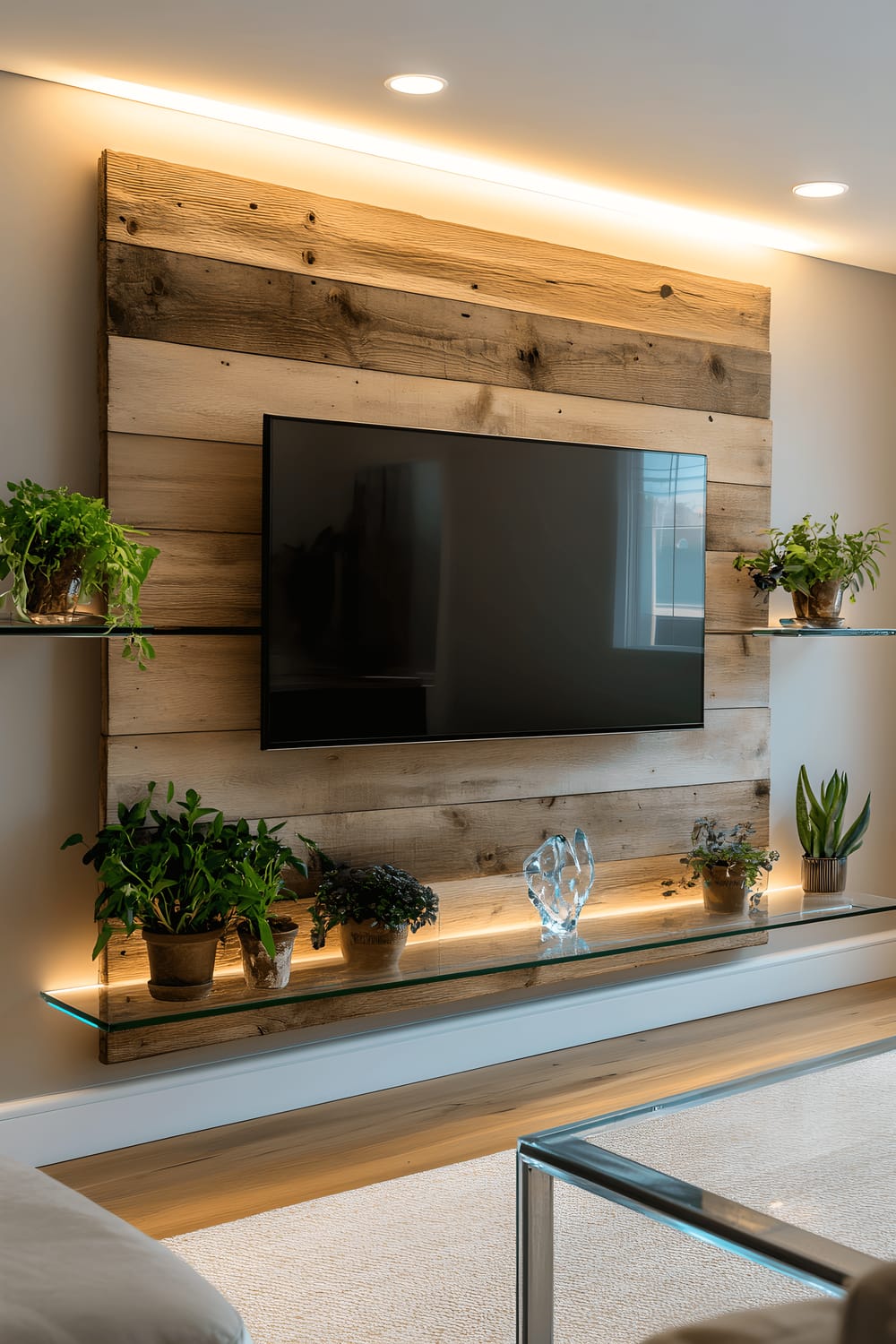 A sleek flat-screen TV mounted on a light taupe wall, framed by reclaimed wood panels and clear glass shelves. The shelves are adorned with artisanal glass sculptures and small potted herbs. The whole setup is softly highlight by the warm, recessed lighting above.