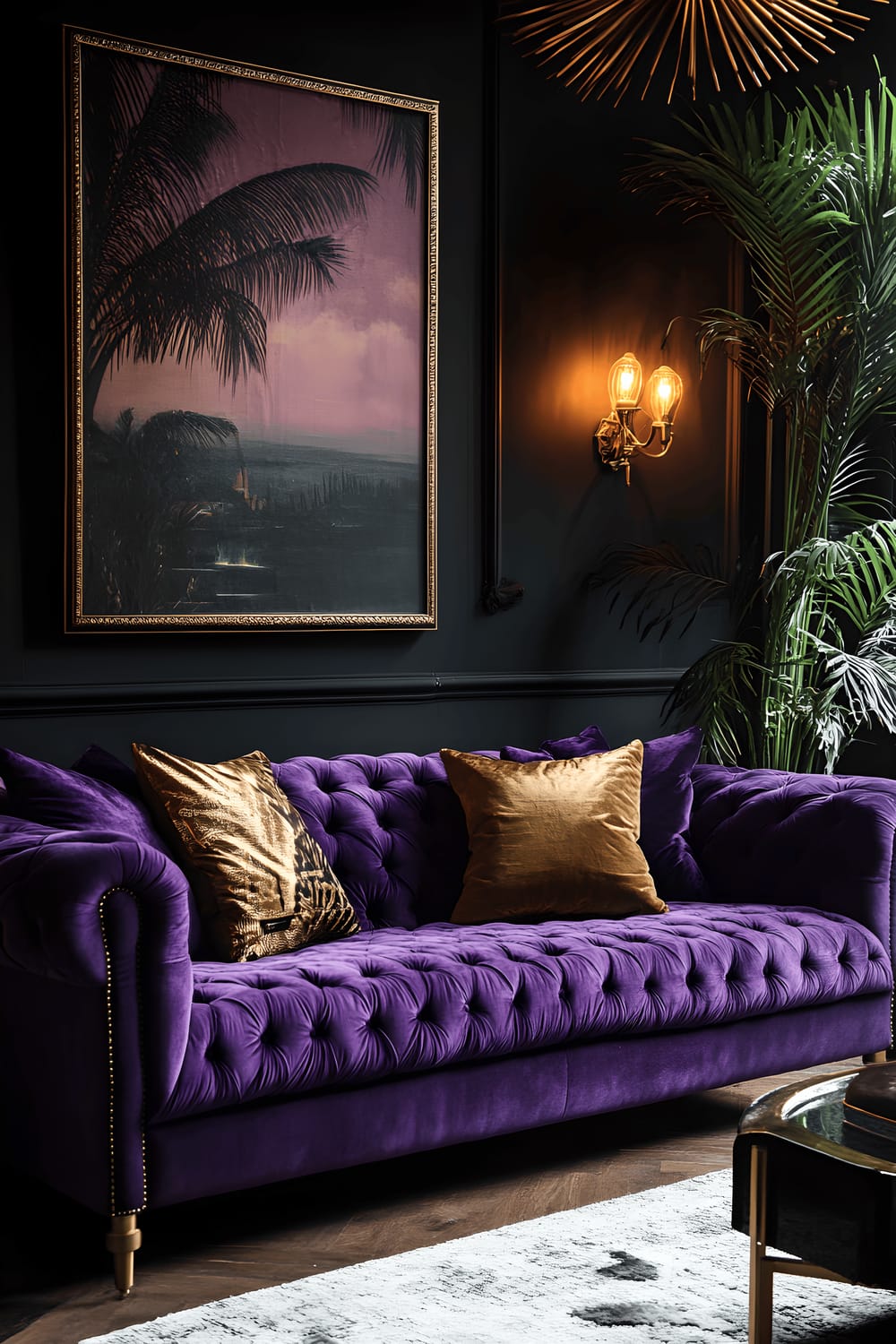 A dramatic Art Deco-inspired room featuring a vintage plum purple velvet sofa with deep tufted cushions. The room also showcases warm brass lighting that adds to the overall warm and refined atmosphere.