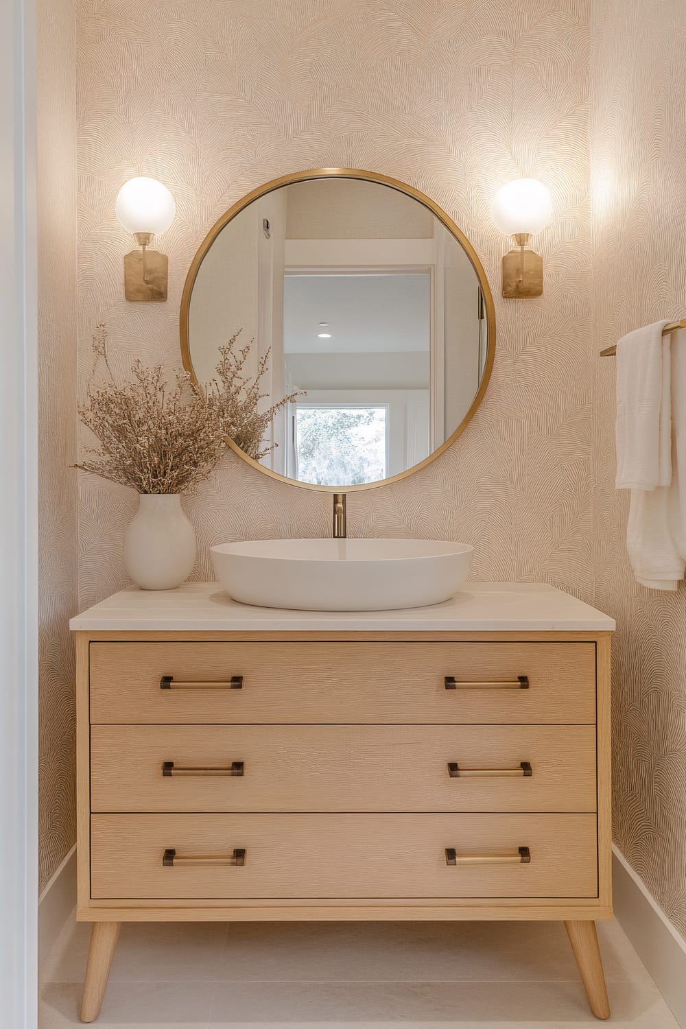 A minimalist bathroom features a light wood vanity with three drawers and brass hardware. On top of the vanity is a white vessel sink and a white vase filled with dried flowers. Above the vanity is a round mirror with a gold frame flanked by two wall-mounted, globe-shaped light fixtures. The walls are covered with subtle, textured wallpaper in a neutral tone, and a white towel hangs on a brass towel rack on the right.