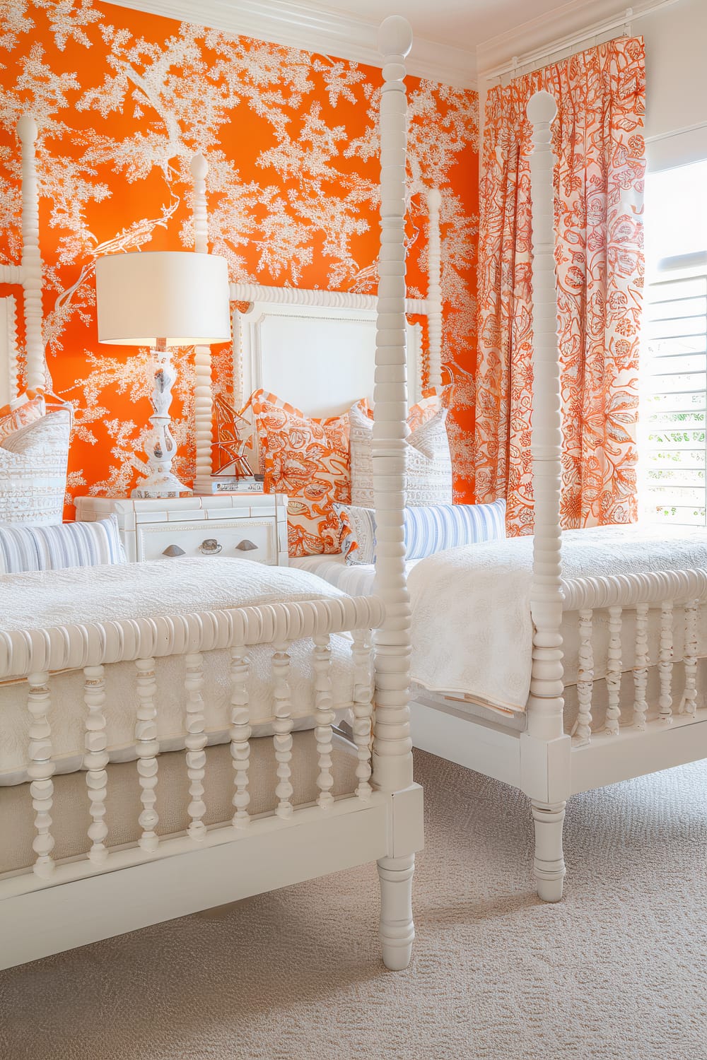 This is a vibrant bedroom featuring two white spindle beds with intricate detailing set against a striking orange wallpaper with a white floral pattern. The beds have white bedding with quilted details. A nightstand, with a decorative lamp on top, stands between the beds. The window is dressed with curtains that match the wallpaper in bold orange and white. Large white pillows with orange patterns complement the bright and cheerful ambiance.