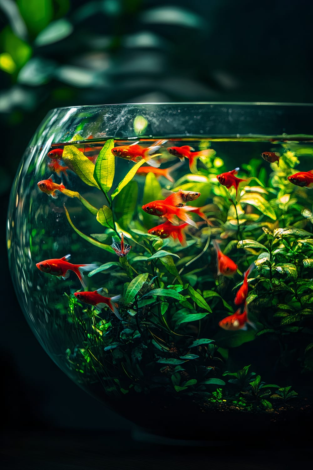 An aquarium filled with vibrant red fish and lush green plants in a round glass bowl. The background is blurred, emphasizing the colorful fish and greenery inside the bowl.