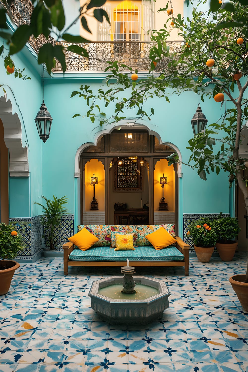 A serene courtyard featuring a low wooden daybed covered in vibrant embroidered cushions, situated on cream and teal patterned tiles. In the middle, a water fountain surrounded by potted orange trees creates a tranquil ambiance. As dusk falls, hanging lanterns illuminate the scene, casting intricate patterns on the ochre walls.