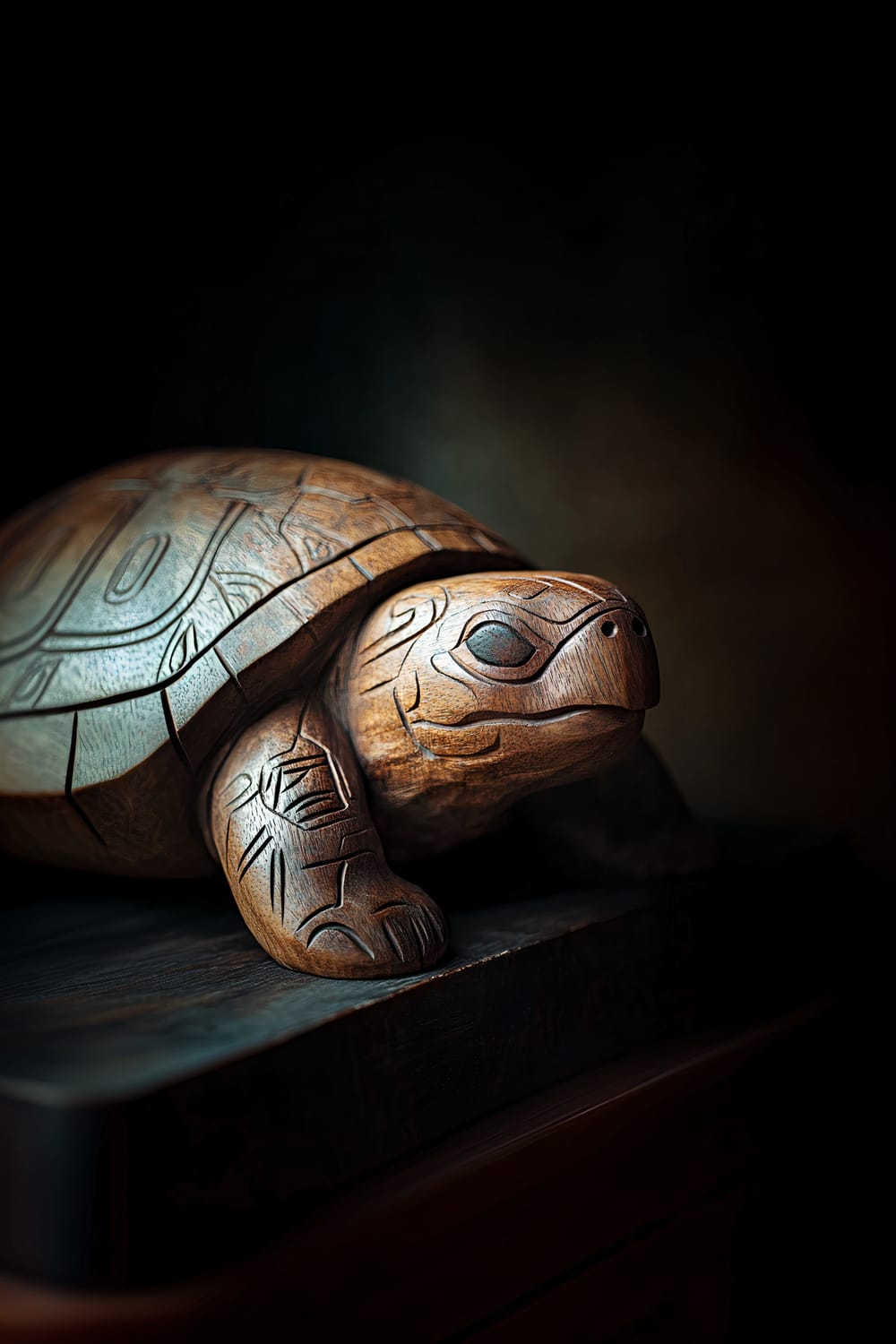 A close-up image of a handcrafted traditional Native American turtle figurine made from carved walnut wood. The figurine is seen in profile and showcases detailed shell patterns and traditional symbols, representing longevity and wisdom. It is placed on a minimalist dark wooden shelf against a softly blurred, dark background. The soft ambient lighting accentuates the figurine's intricate craftsmanship.