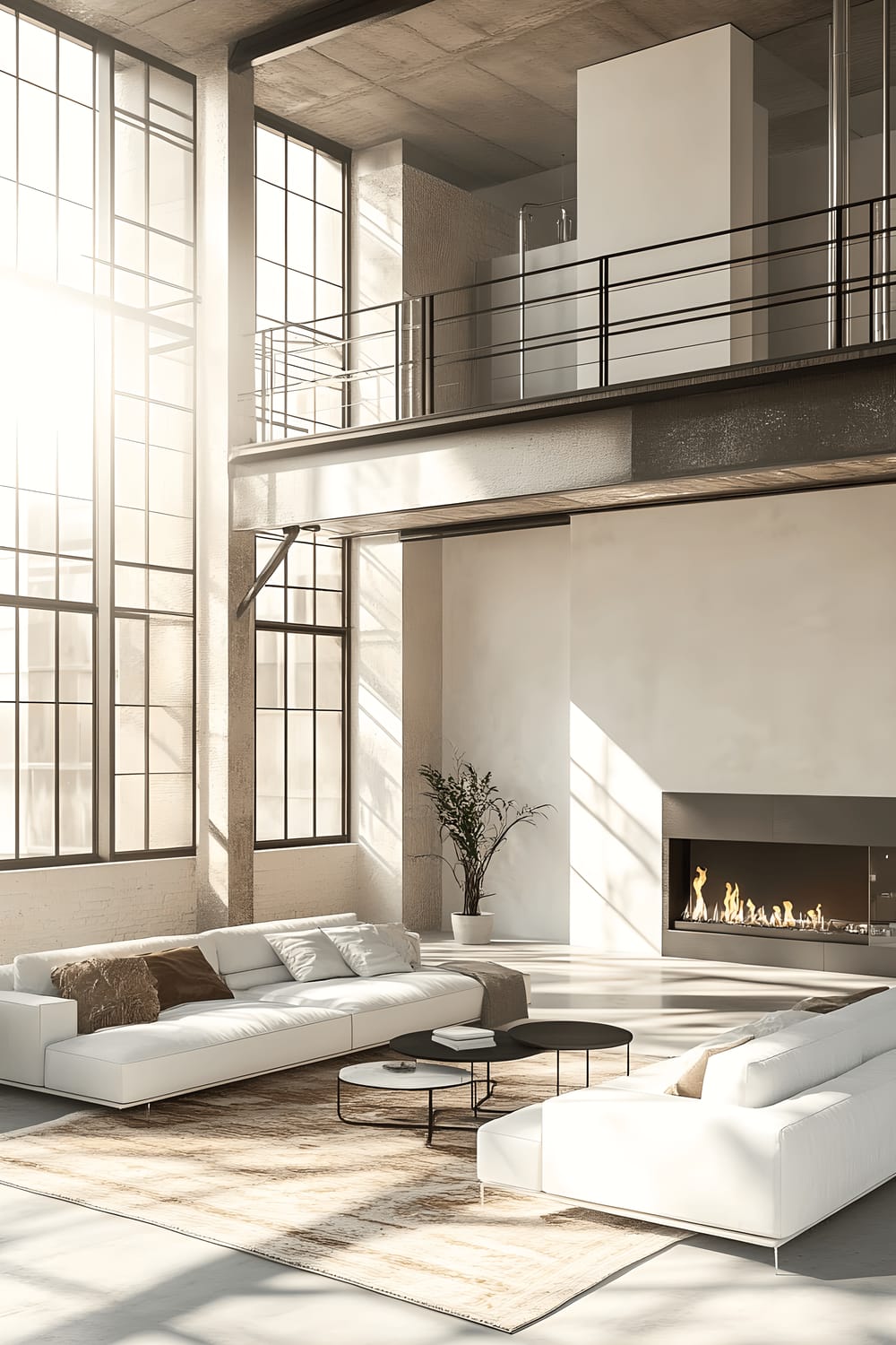 A minimalist loft apartment featuring a living room with high ceilings and expansive industrial styled windows. The room has a white modular sofa facing a sleek metal fireplace. A geometric patterned area rug provides a subtle contrast on the wooden floor. The atmosphere is bright and airy with natural light filling the room from the large windows.