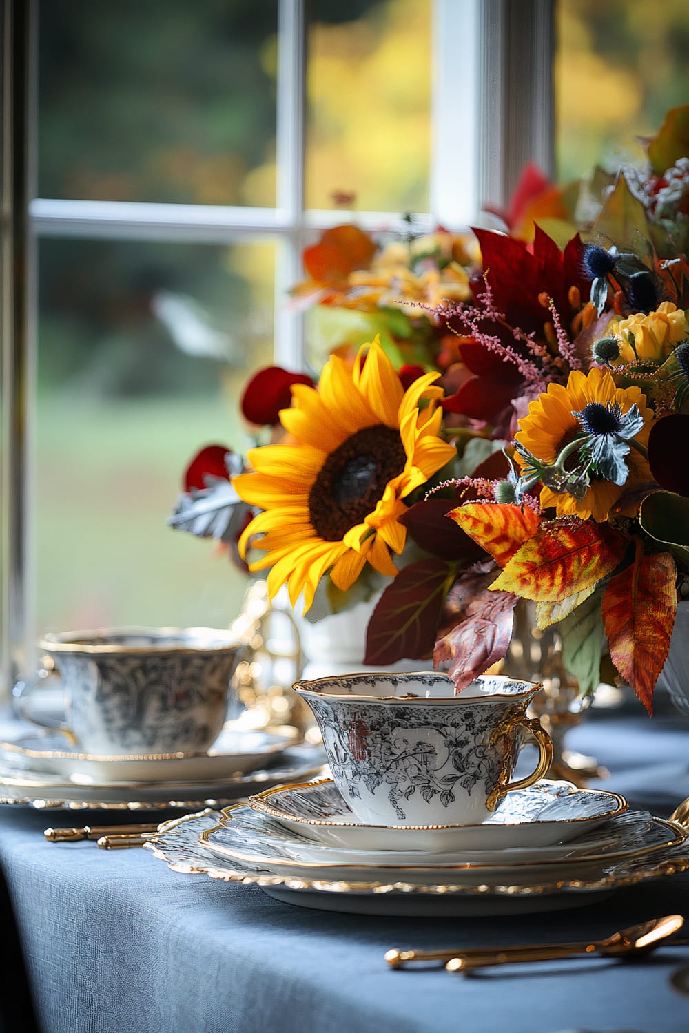 Elegant table setting with vintage teacups and plates adorned with intricate black and gold designs placed on a blue tablecloth. A colorful centerpiece of sunflowers and autumn foliage is featured prominently next to a window showcasing blurred greenery and golden autumn scenery outside.