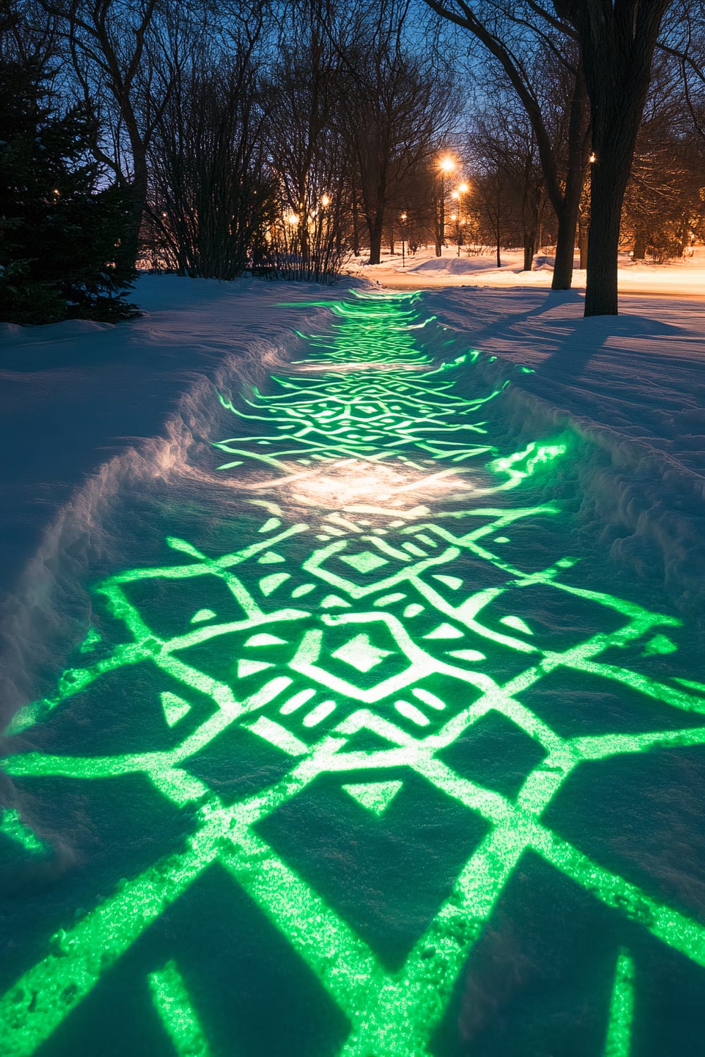 A snow-covered pathway illuminated with green-patterned lights in a park setting at dusk. The lights create intricate geometrical designs on the snow. Trees without leaves and street lamps are visible in the background.