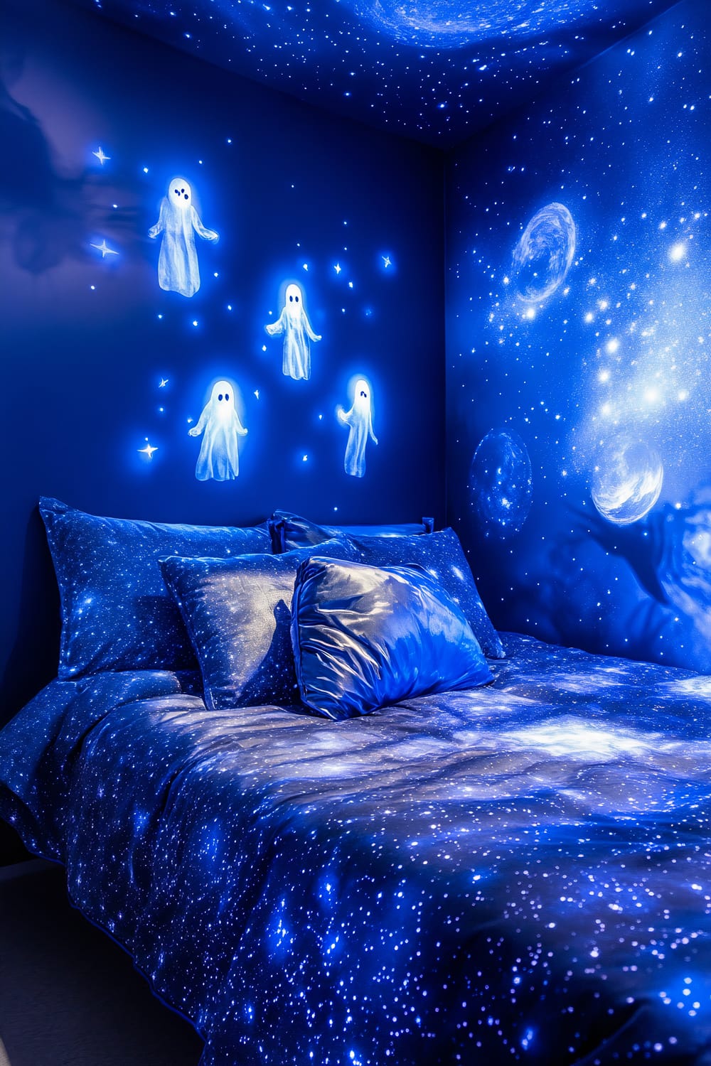 An imaginative bedroom with a cosmic theme features walls and ceiling painted in deep blue with stars, galaxies, and planets. The bedding continues the space-themed design, featuring star patterns. Glow-in-the-dark ghost stickers are arranged on the wall, complementing the galactic ambiance.