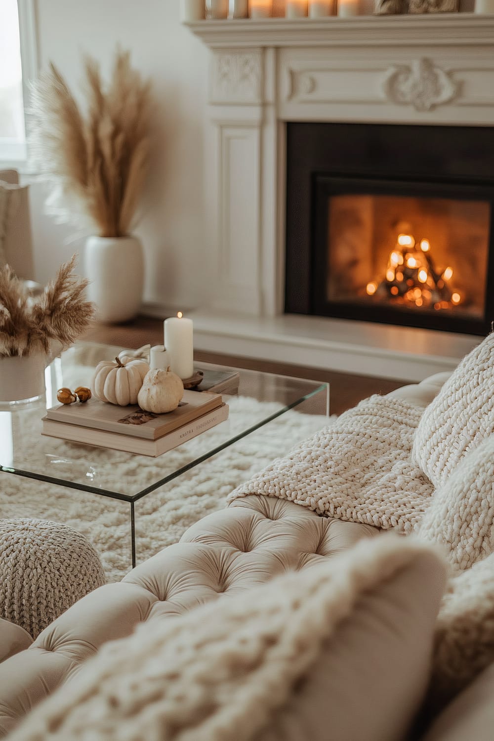 An inviting living room set with a soft, neutral-toned tufted sofa adorned with knitted throws and pillows. A clear glass coffee table in front of the sofa holds books, small white pumpkins, and a few decorative candles. In the background, a fireplace with a carved mantelpiece is aglow with a warm fire. A large vase with dried pampas grass adds a natural element to the serene setting.