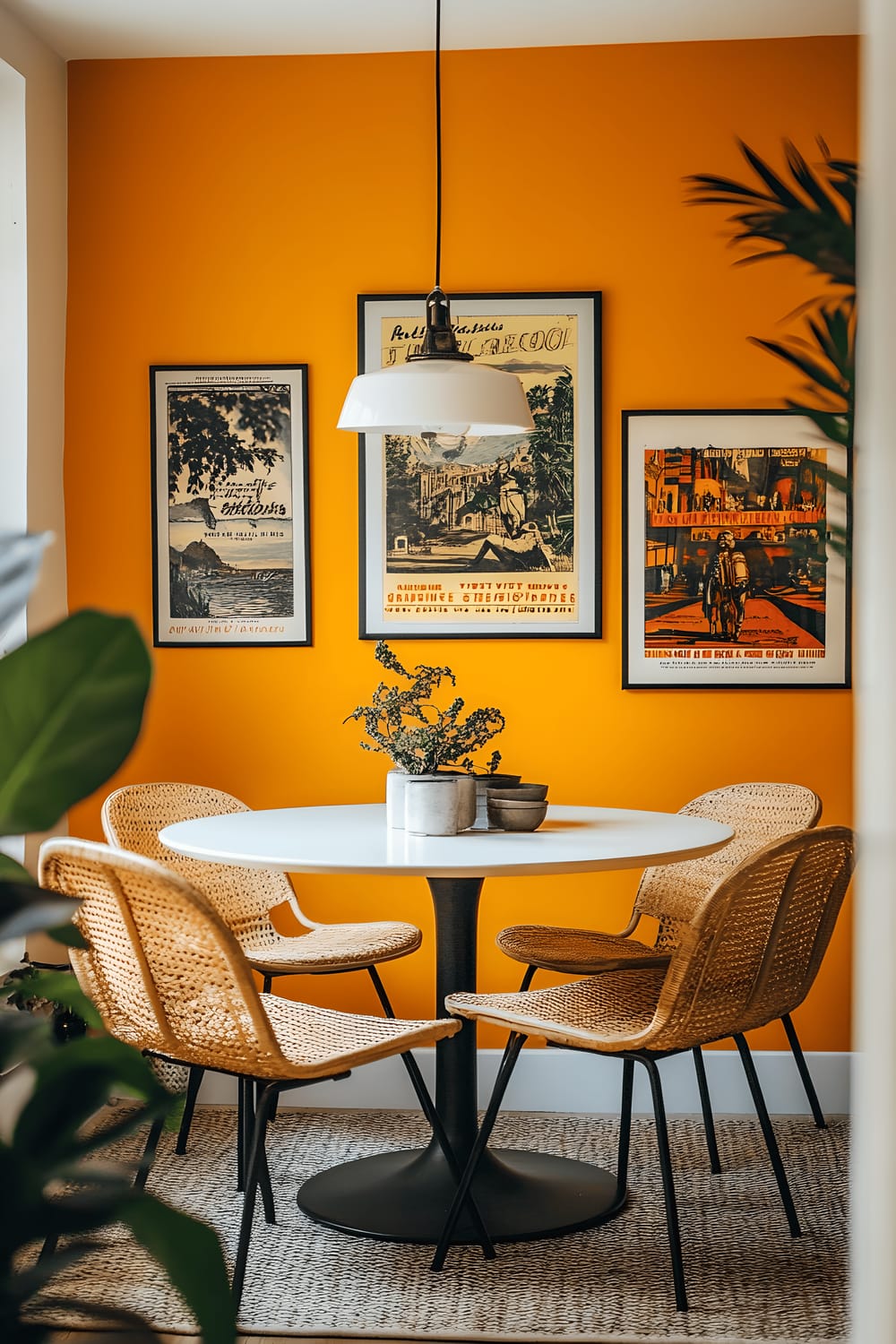 A 1970s inspired breakfast nook highlighting a bold ochre accent wall. The space is arranged around a crisp white tulip table paired with comfortable wicker dining chairs. Punctuating the room is a quirky pendant light hanging from the ceiling. The wall is adorned with a collection of vintage travel posters, adding an adventurous spirit to this inviting corner.