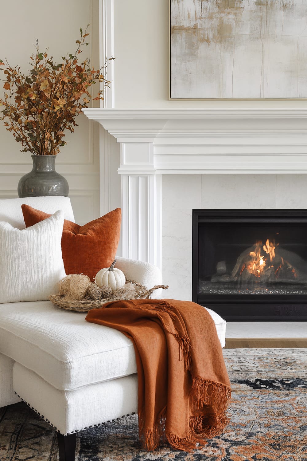 A warmly furnished living room corner featuring a plush white armchair adorned with white and rust-colored throw pillows and a rust-colored blanket. A small white pumpkin and decorative nest sit on the chair. The background showcases a white ornate fireplace with an abstract painting above and a vase of autumnal foliage on the mantel. A traditional patterned rug lies on the floor.