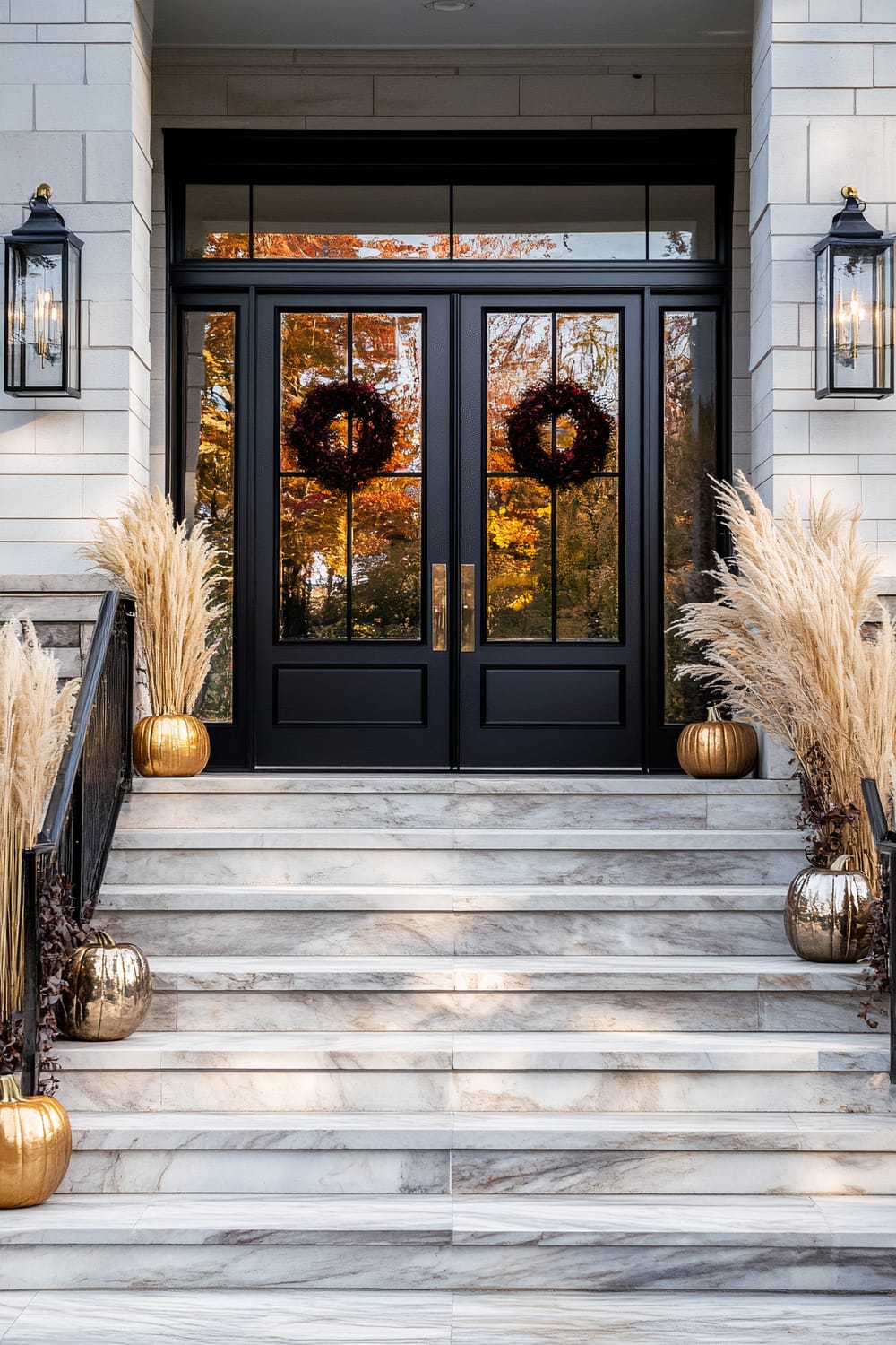 The entrance to a stylish residence features large black double doors with glass panels and autumn wreaths. The steps leading to the doors are made of polished marble. Ornamental grasses in metallic gold and bronze pots stand on either side of the steps, creating a symmetric, welcoming look. Modern lantern-style light fixtures are mounted on the walls flanking the doors.