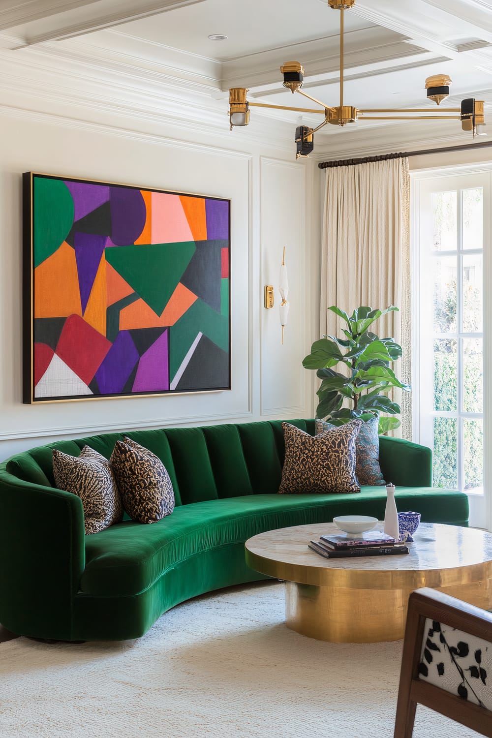 A living room with a deep emerald green curved velvet sofa, a brass-framed coffee table, and a large painting with bright geometric shapes. Gold and black accents in the lighting fixtures, a cream-colored rug, and a potted plant by a window with beige curtains are also visible.