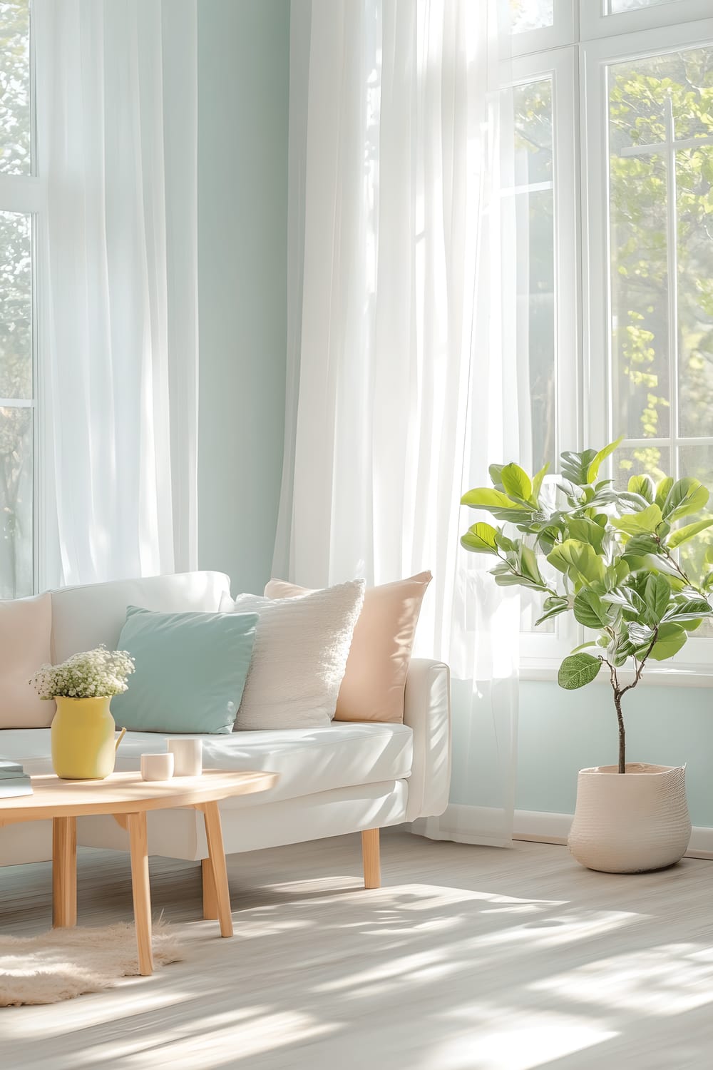 An airy coastal sunroom with pale aqua painted walls and light wooden flooring. The room is adorned with a comfortable white sofa with plush cushions in pastel hues of coral and mint green. A light wooden coffee table takes the center with a pastel yellow vase atop. To its side is a cozy light grey armchair. Throughout the room, large windows are draped with sheer white curtains, allowing ample sunlight to highlight the tranquil pastel color scheme. Minimalist decor is maintained with the presence of just a single pastel pink plant. The room, being mostly empty, exudes a sense of peace and serenity.