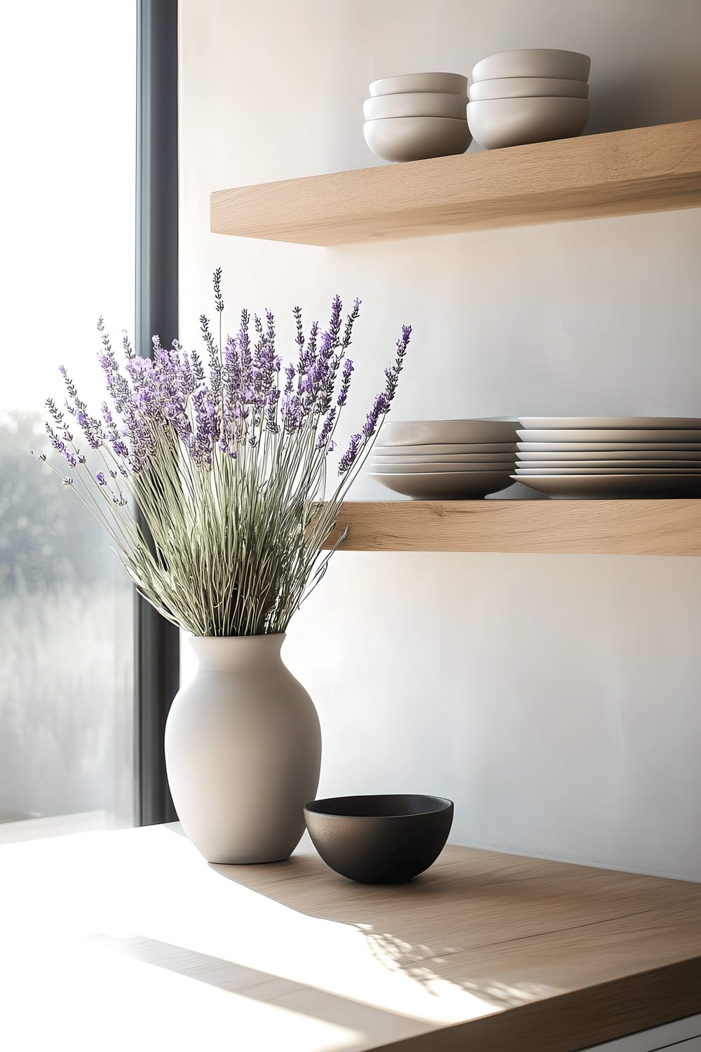 A spacious minimalist kitchen featuring white cabinetry, light oak floating shelves filled with neutral-toned dishware, a single matte vase with fresh lavender on the marble countertop. A large picture window lets in an abundance of natural light, illuminating the entire space and enhancing the clean, white aesthetics.