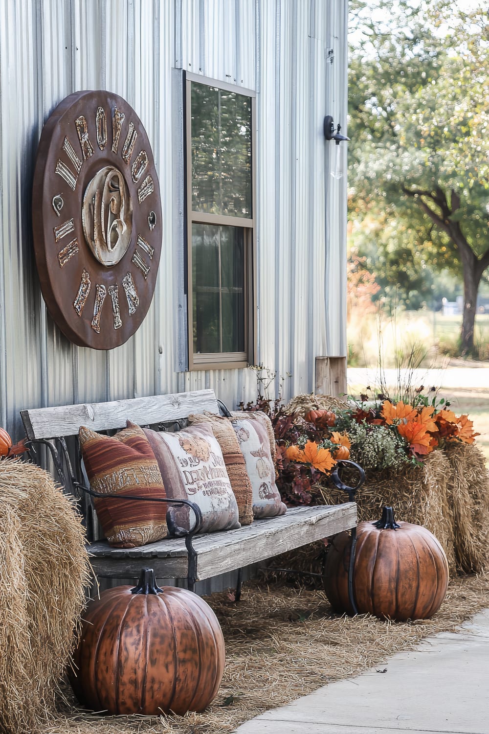 Exterior setting featuring a rustic metal building with a large, round, aged metal sign affixed to the wall. Below the sign is a weathered wooden bench adorned with decorative fall-themed pillows. The area around the bench is decorated with hay bales, artificial pumpkins, and vibrant autumn leaves, creating a festive autumn display. A window on the metal building reflects greenery from the surrounding landscape.