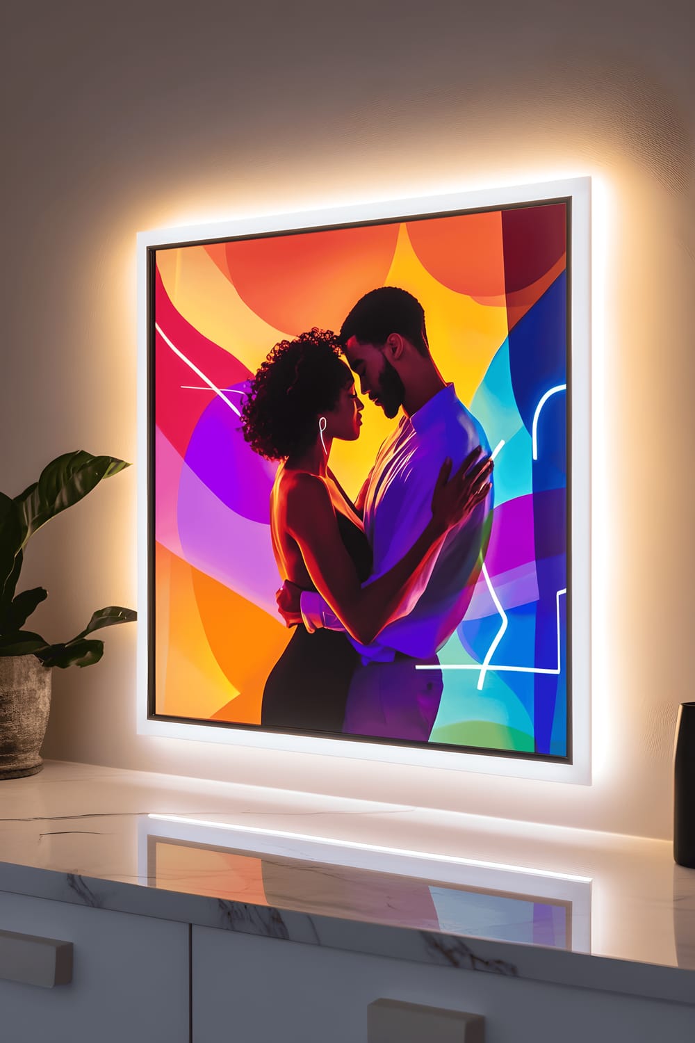 A modern, white, geometric frame with integrated LED strip lighting, prominently displays a vibrant, artistic photo of a couple dancing. The frame sits on a white marble mantel, creating a striking, high-contrast setup that is both contemporary yet intimate.