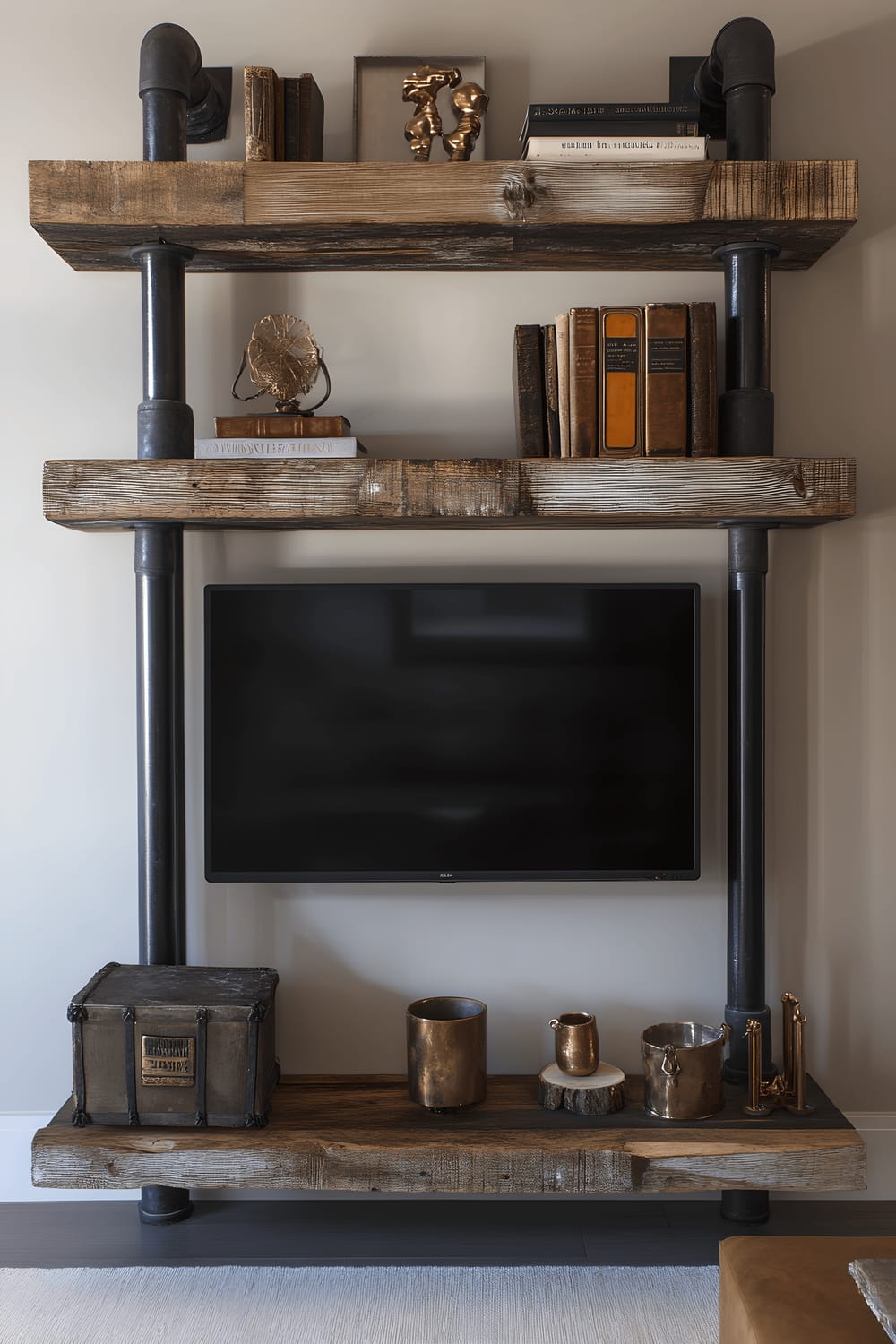 A TV wall boasting a design of exposed black steel pipes holding up reclaimed barn wood shelves that display antique brass candle holders, aged leather-bound books and quirky copper sculptures. All of these elements contrast beautifully against a soft beige backdrop with subdued natural lighting.